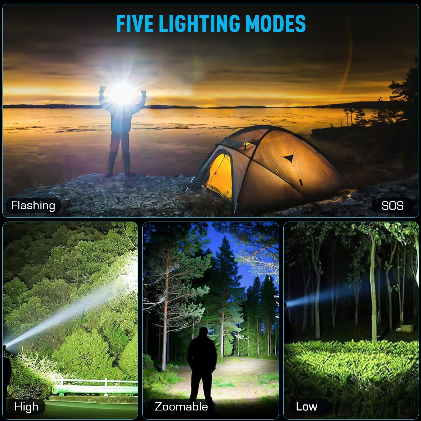 AMAKER LED Headlamp, 900000 Lumens, 6 Modes, IPX7 Waterproof, Adjustable, Rechargeable, Silver, Model MR-VG