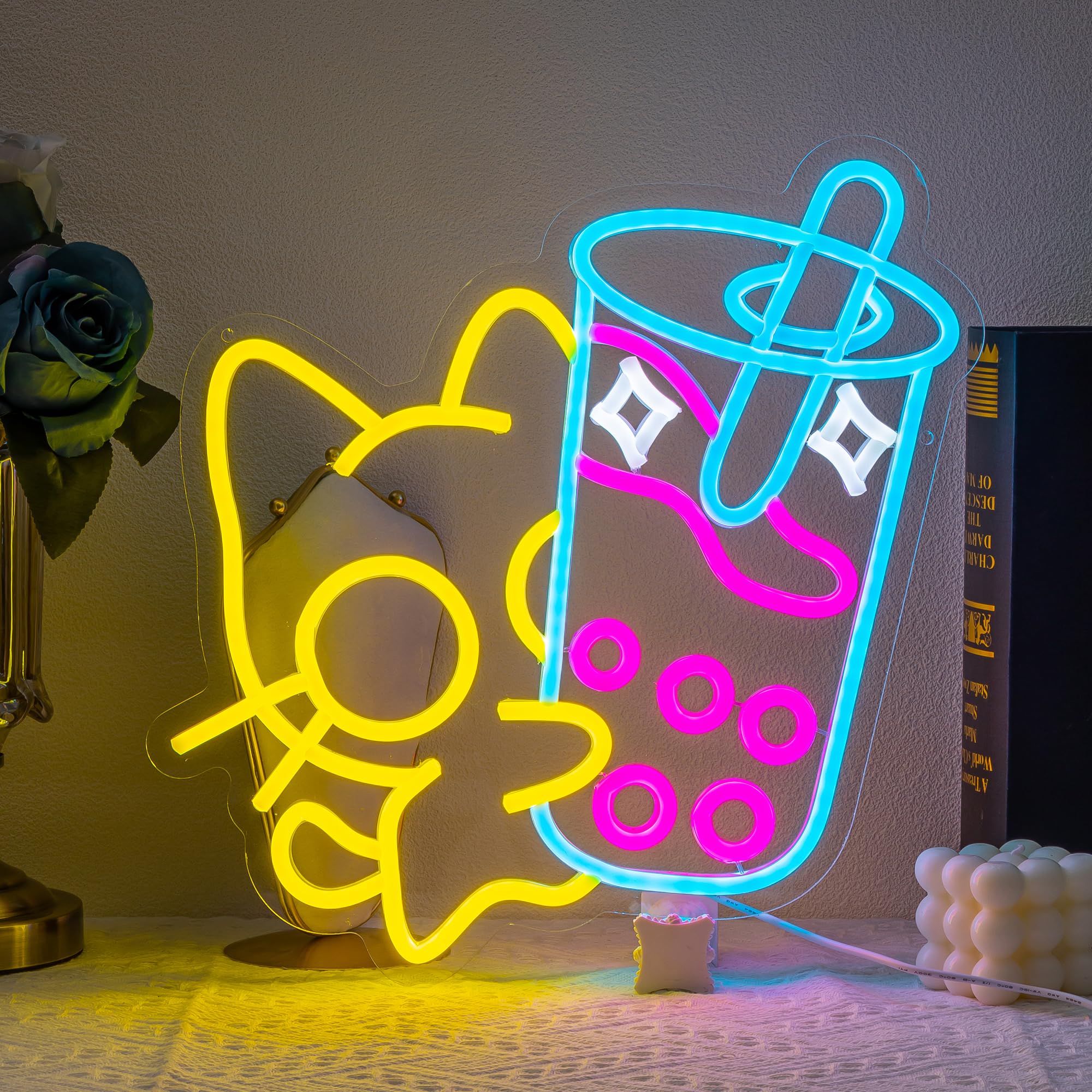 SUYUZUR LED Neon Sign - Cat Bubble Tea Light for Wall Decor - Colorful Acrylic - Yellow Pink - Model SLY-01
