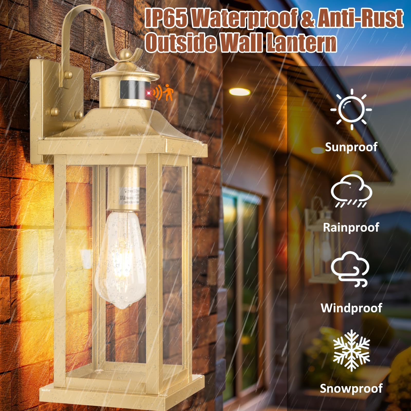 Roravilila 2-Pack Gold Outdoor Motion Sensor Lights, 18 Inch Waterproof Brass Lanterns, IP65, Wall Mounted
