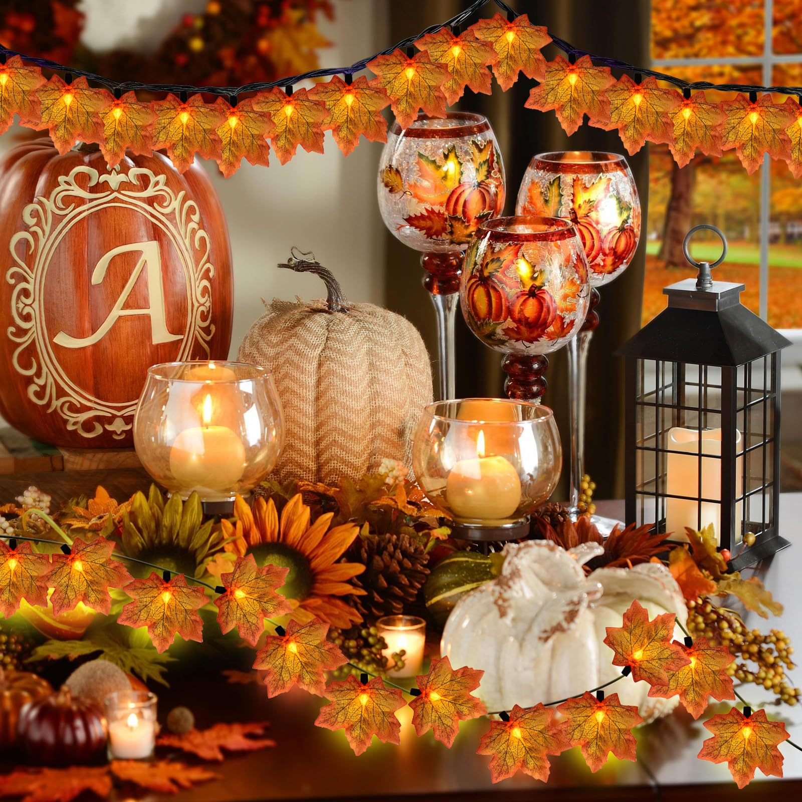 Fall Decor Orange Maple Leaf String Lights Plug In, 13.6Ft Led Outdoor Thanksgiving Decorations Lights With 35 Maple Leaves Lights, Hanging Halloween Fall Leaves Lights For Outdoor Fall Party Window