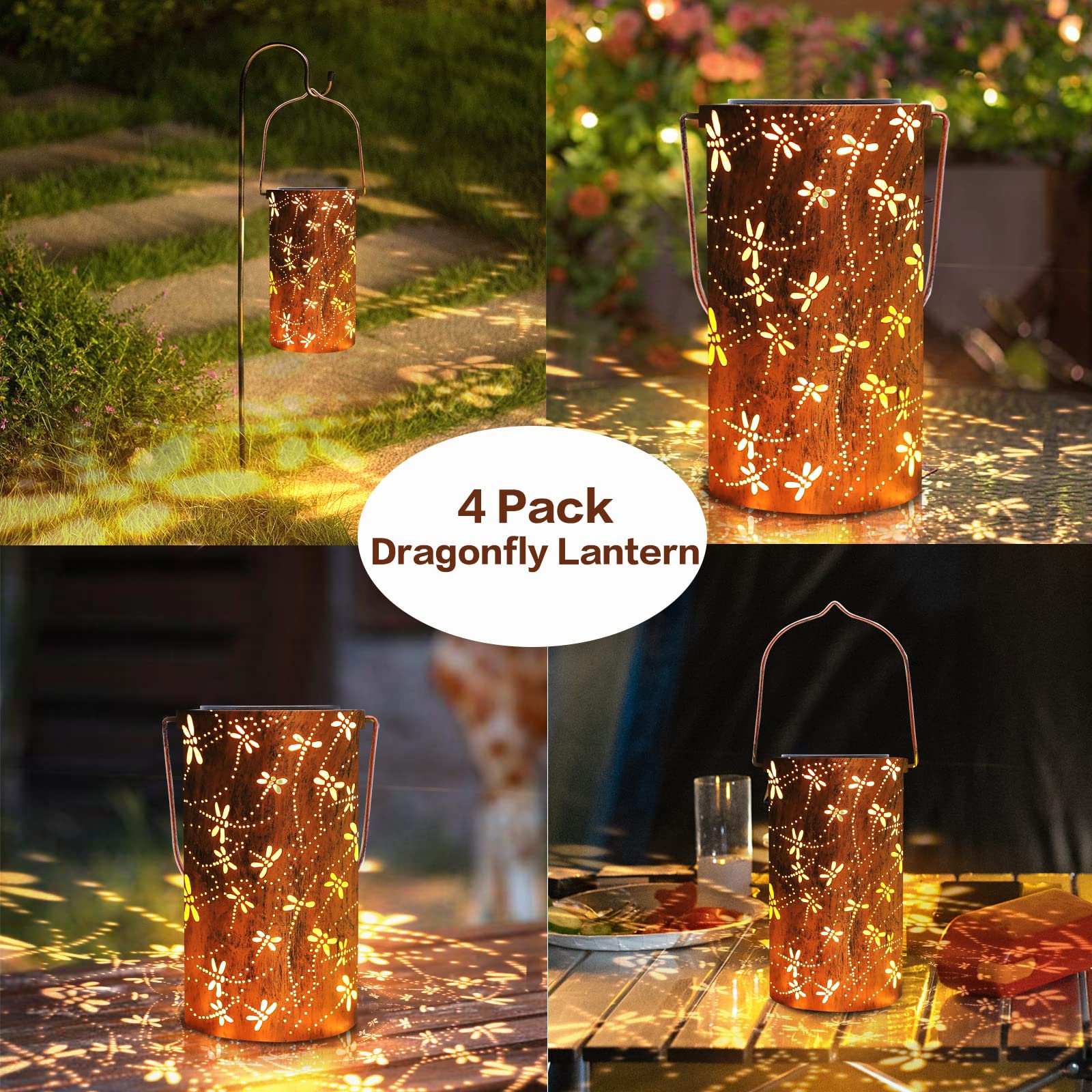 Yisiteone 4-Pack Dragonfly Outdoor Solar Lanterns, Garden Waterproof Metal Hanging Decor Lights For Patio Yard Pathway Lawn Fron
