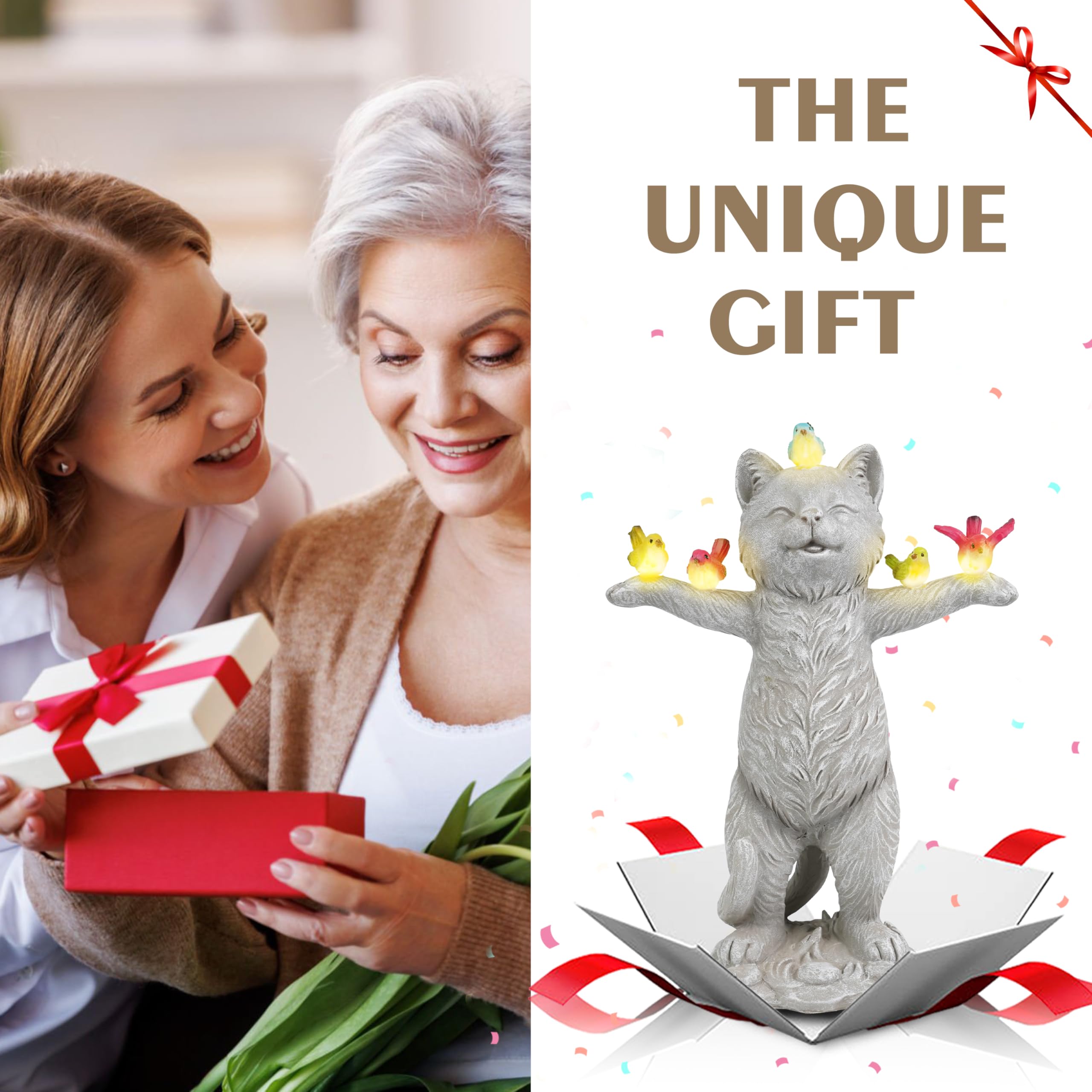 Mininova Solar Outdoor Decorations Garden Statue Cat Figurines With Birds For Yard Patio Balcony Lawn Outside Ornaments Gifts Fo