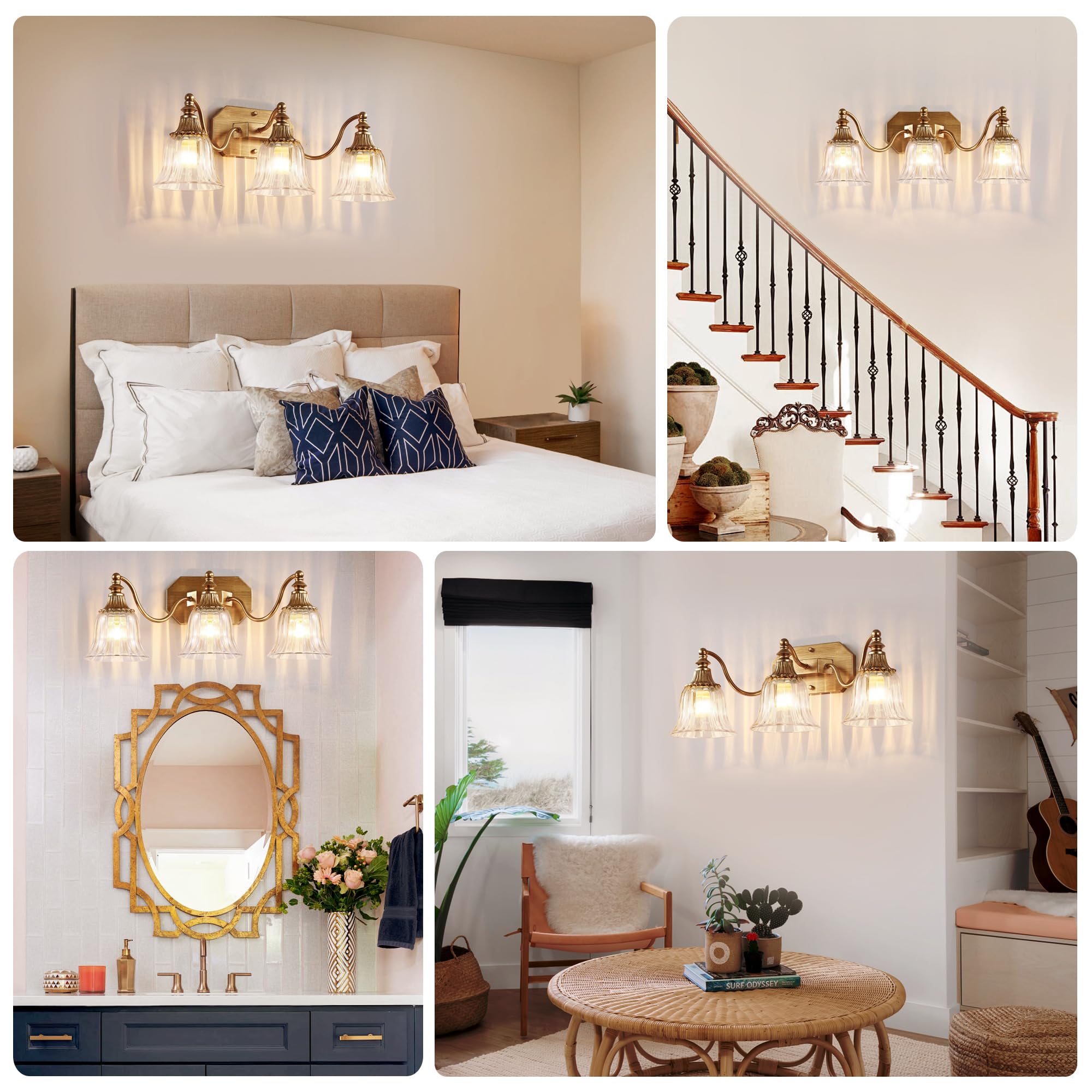 DvmTeom 3-Light Vintage Bathroom Vanity Light Fixture, Antique Brushed Gold with Crystal Glass Shade, Model D6001
