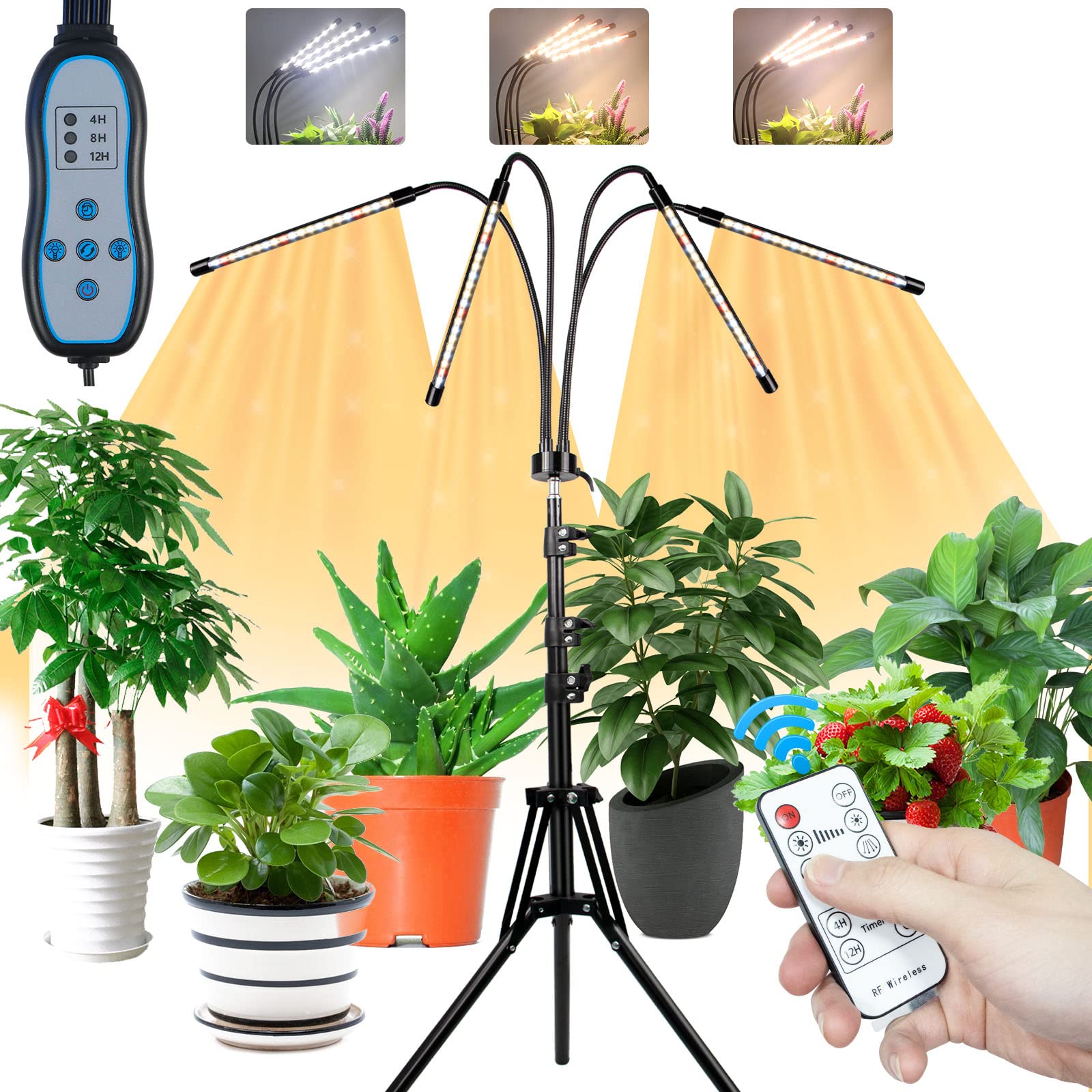 Growstar Plant Grow Light With Stand, 4 Heads Full Spectrum Grow Lamps With 15-63&quot; Adjustable Tripod Stand, 4/8/12H Timer, 3 Switch Modes, Indoor Plant Light With Remote Control