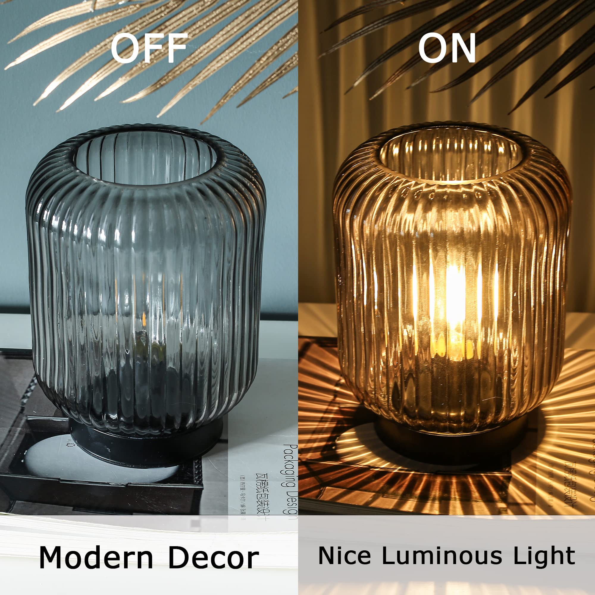 LUSHARBOR Battery Operated Table Lamp, Cordless LED Glass Lamp for Bedroom & Living Room, Light Gray, Model C220060