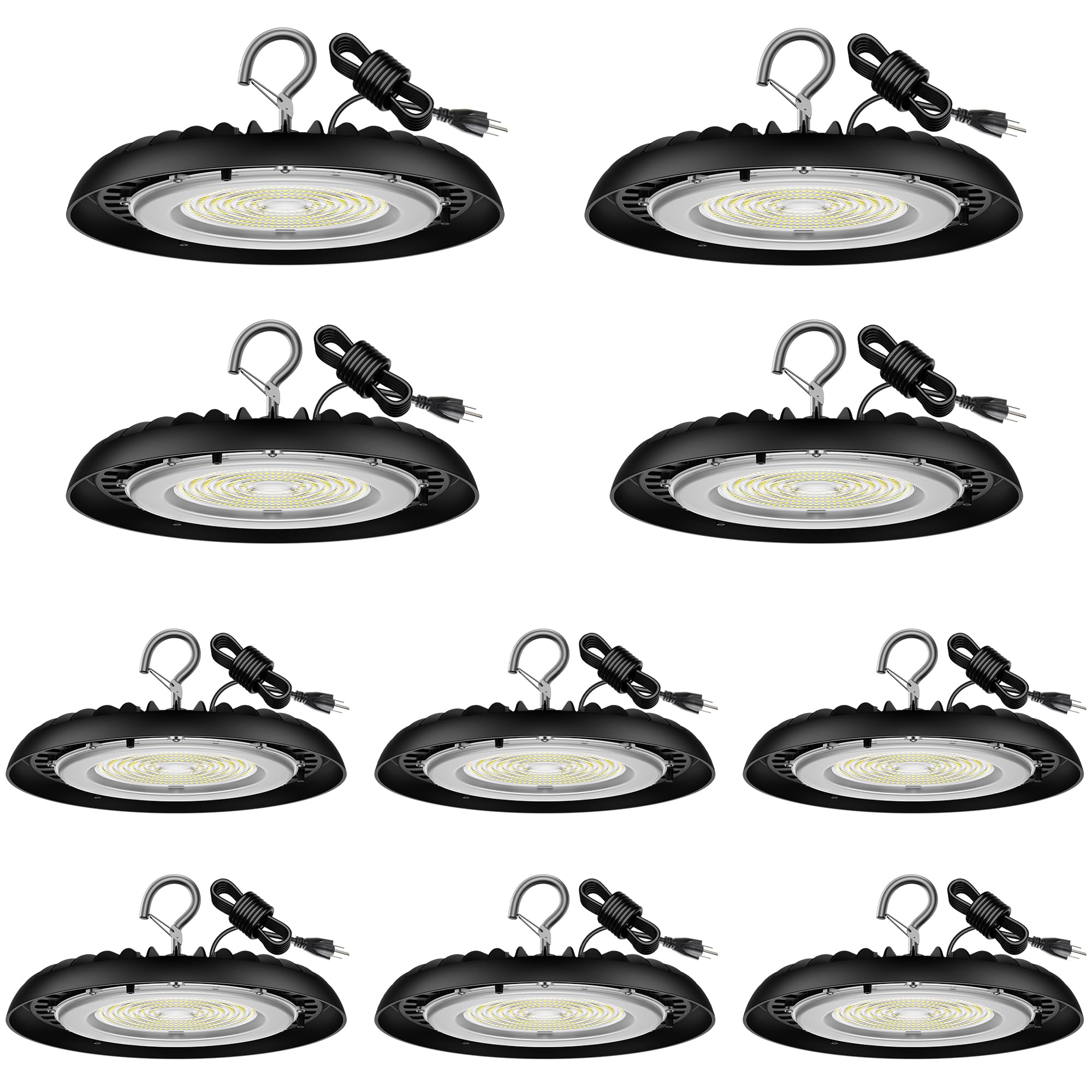 dephen 150W Plug in Ceiling Lights, 5000K LED Hanging Lamp, 16,500M High Bay with US Hook, AC120V Worklight for Garage Shop Base