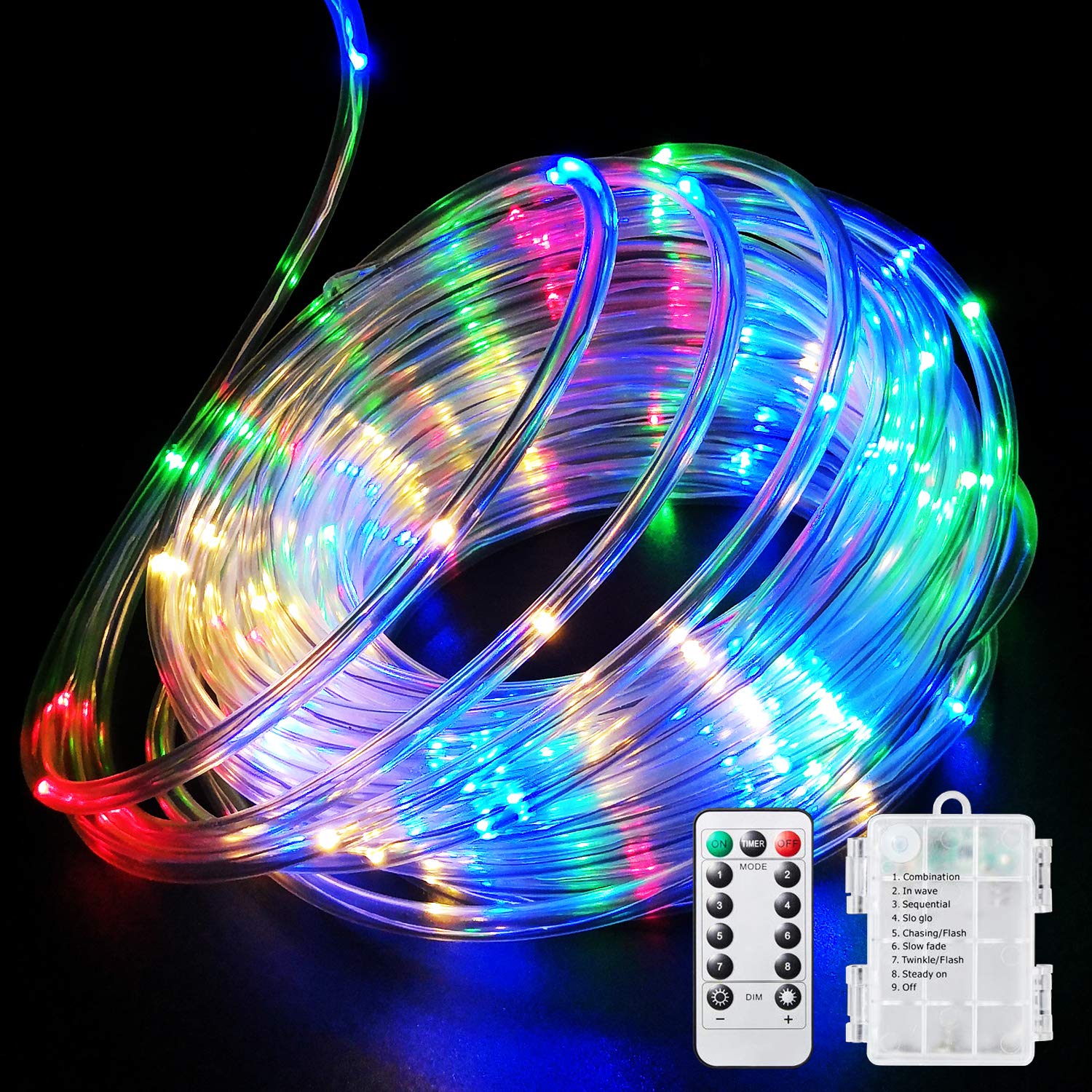Fitybow LED Rope Lights Battery Operated String Lights 40FT 120 LEDs 8 Modes Fairy Lights with Remote Timer Outdoor Decoration Lighting for Garden Patio Party,Weddings,Christmas Décor (Multi-Color)