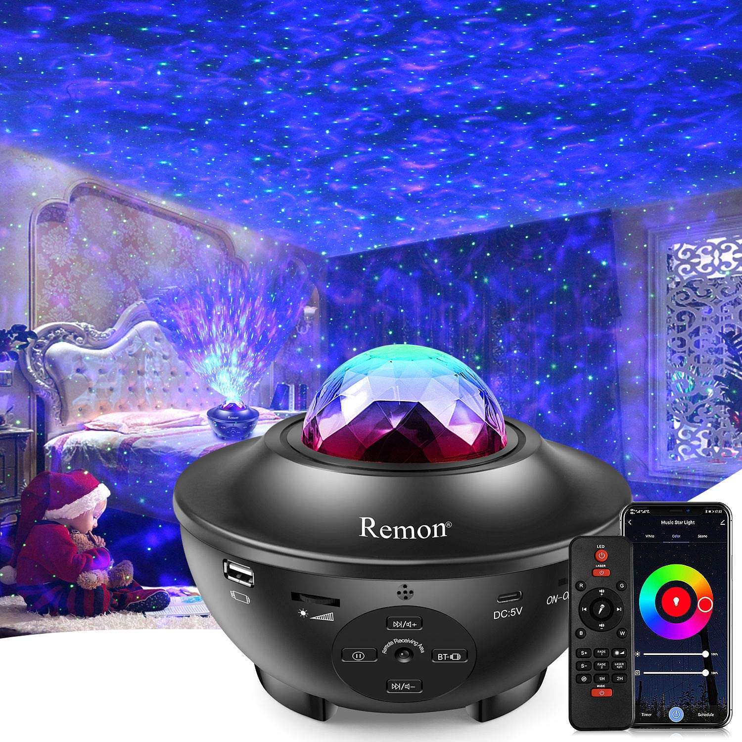 Remon Galaxy Projector Night Light with 10 Colors, Bluetooth Music Speaker, Model BL-XK01, Black
