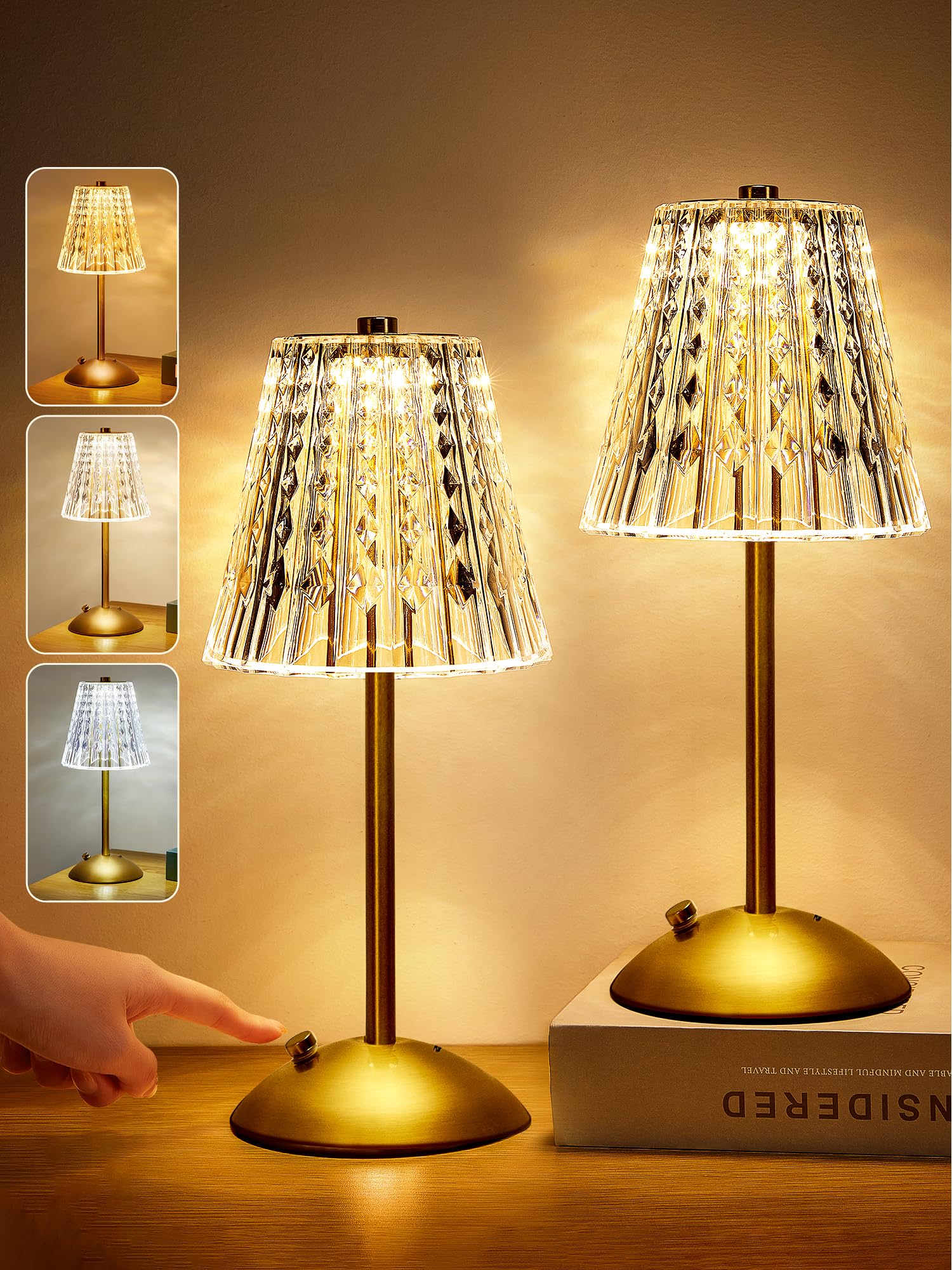 One Fire Nightstand Lamps Set of 2, Dimmable Crystal Table Lamp 3 Colors Gold Lamp,Touch Lamp Bedroom Lamps, Rechargeable Small 