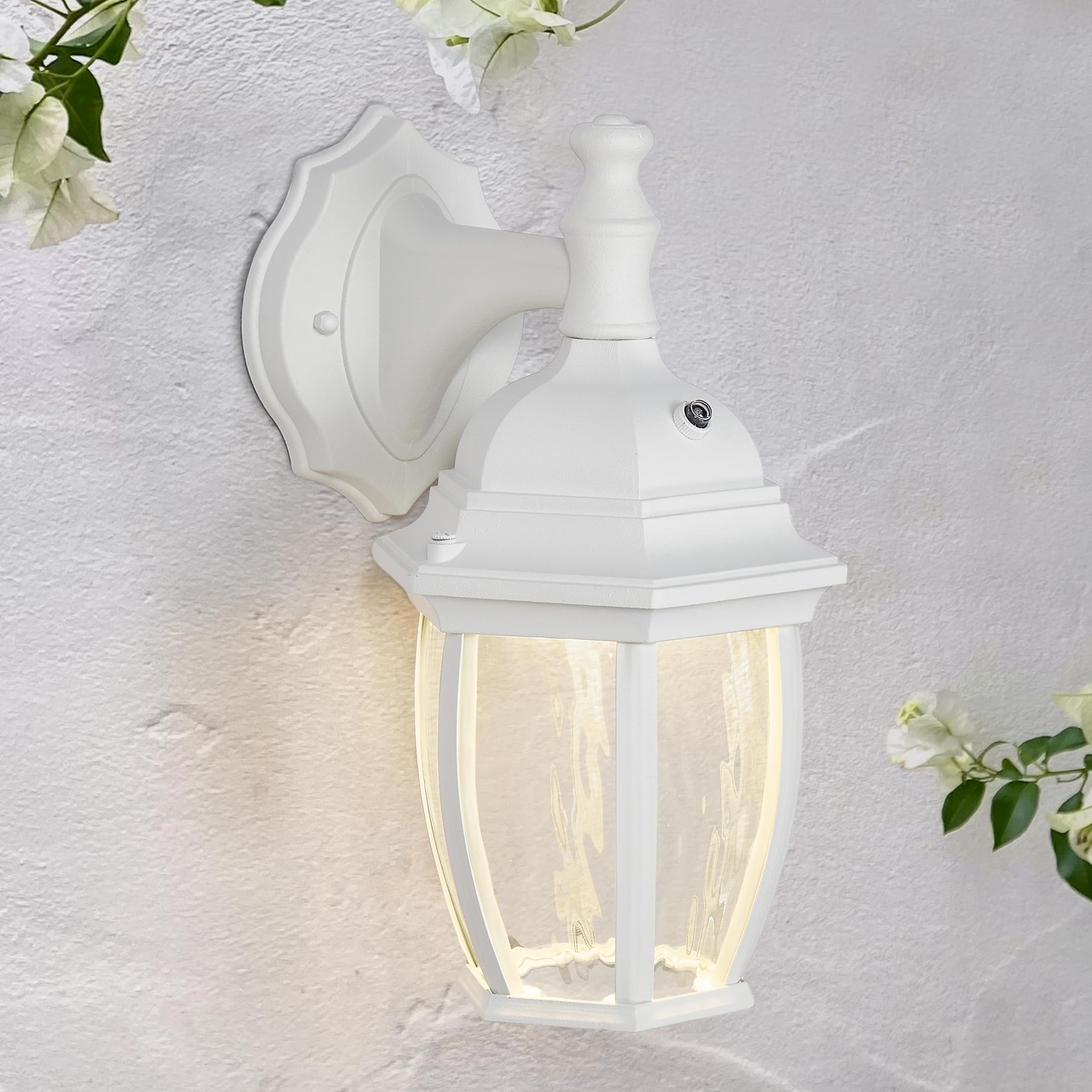 Maxxima LED Outdoor Wall Light, 3000K Warm White, Dusk to Dawn Sensor, White, Model MEL-6150WW, Clear Water Glass, 580 Lumens
