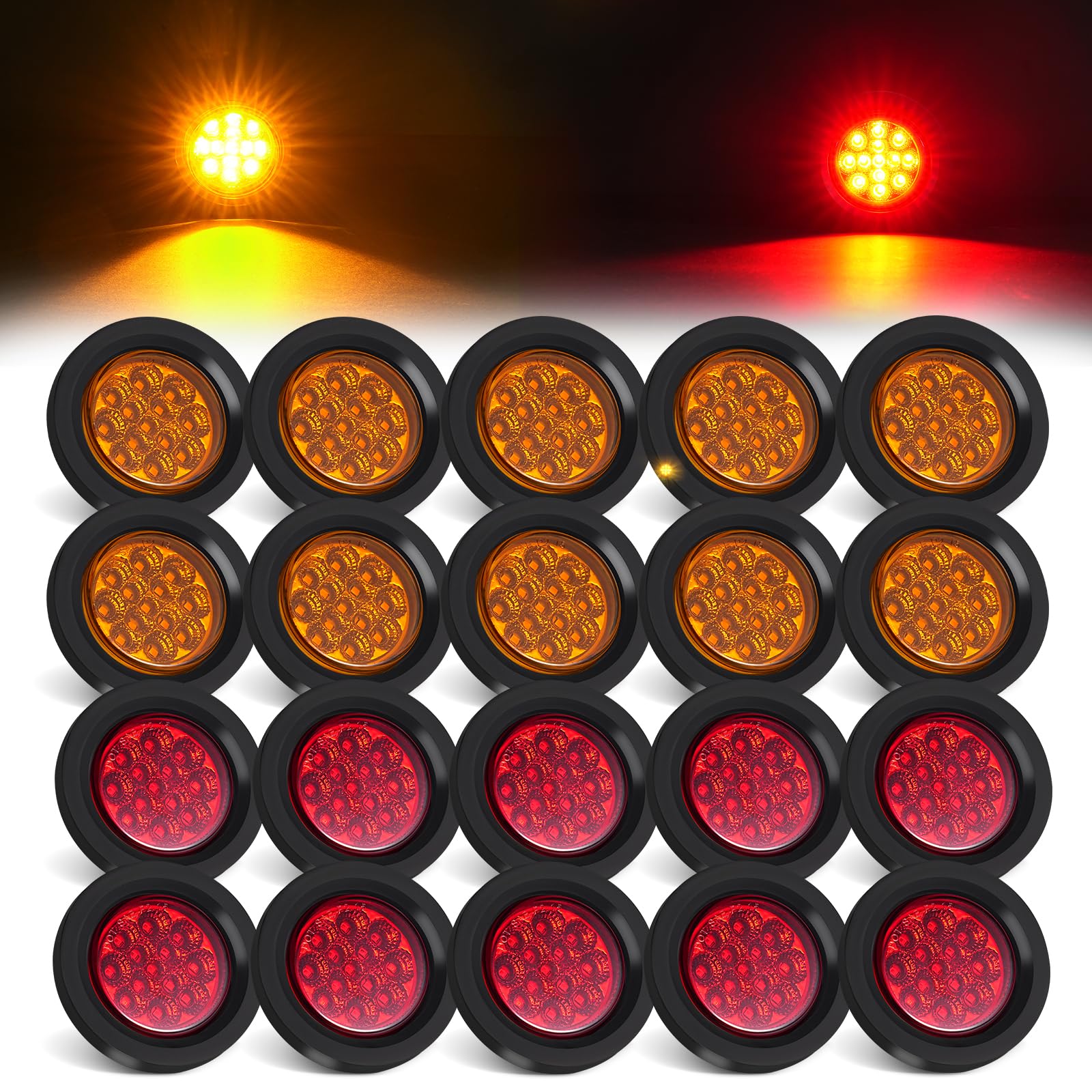 PVerandio 20Pcs LED Marker Lights, 13 LEDs, 2.5 Inch, Waterproof, 12V, 10 Amber + 10 Red, Model A9602AR