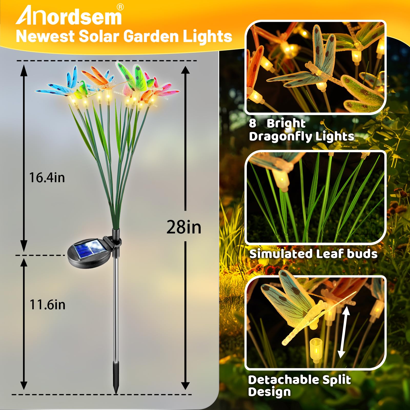 Anordsem Solar Garden Lights Outdoor: 8 Removable Fiber Optic Fabric Dragonflies 4 Pack - Waterproof Fun Animal Decoration For Yard Patio - Gardening Gifts For Garden Lovers