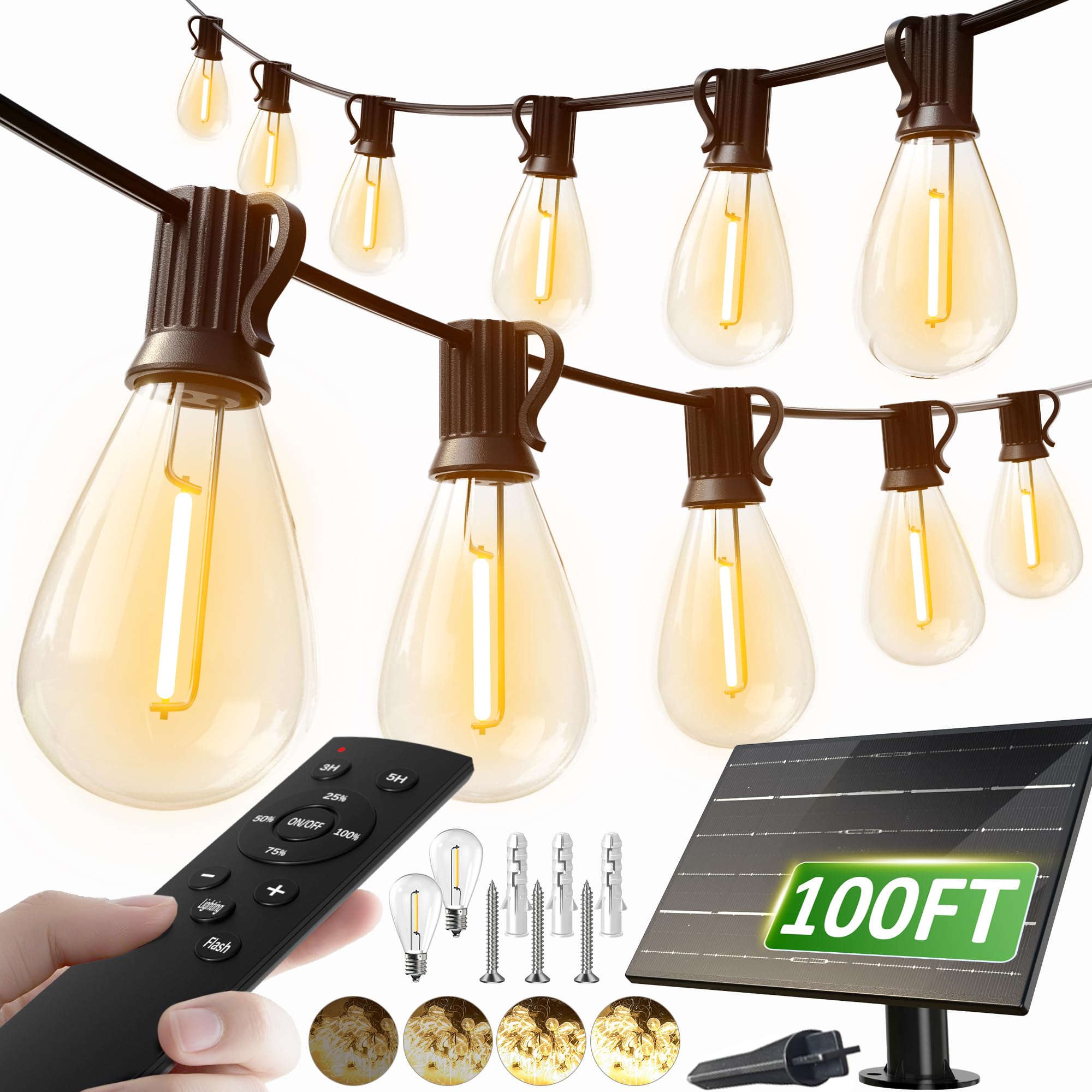 luckystyle Solar String Lights 100FT Waterproof 2200K with Remote, 36+2 LED Bulbs, Dimmable, 3 Light Modes, Shatterproof, Warm Yellow