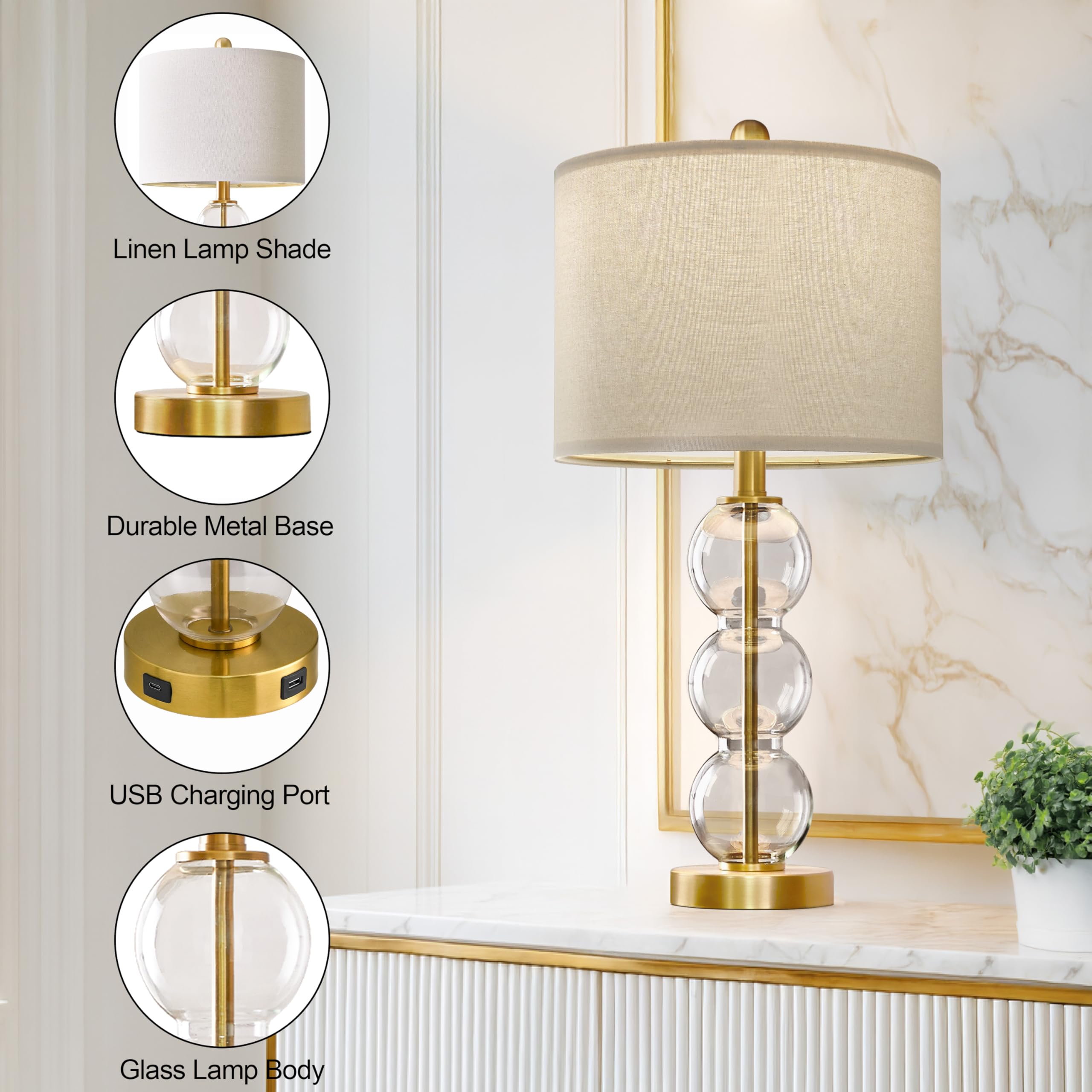 Oneach 24" Gold Glass Table Lamps Set of 2 with USB Ports, Linen Shade for Living Room & Bedroom, Model OYS-AMZ-T1123GL-U