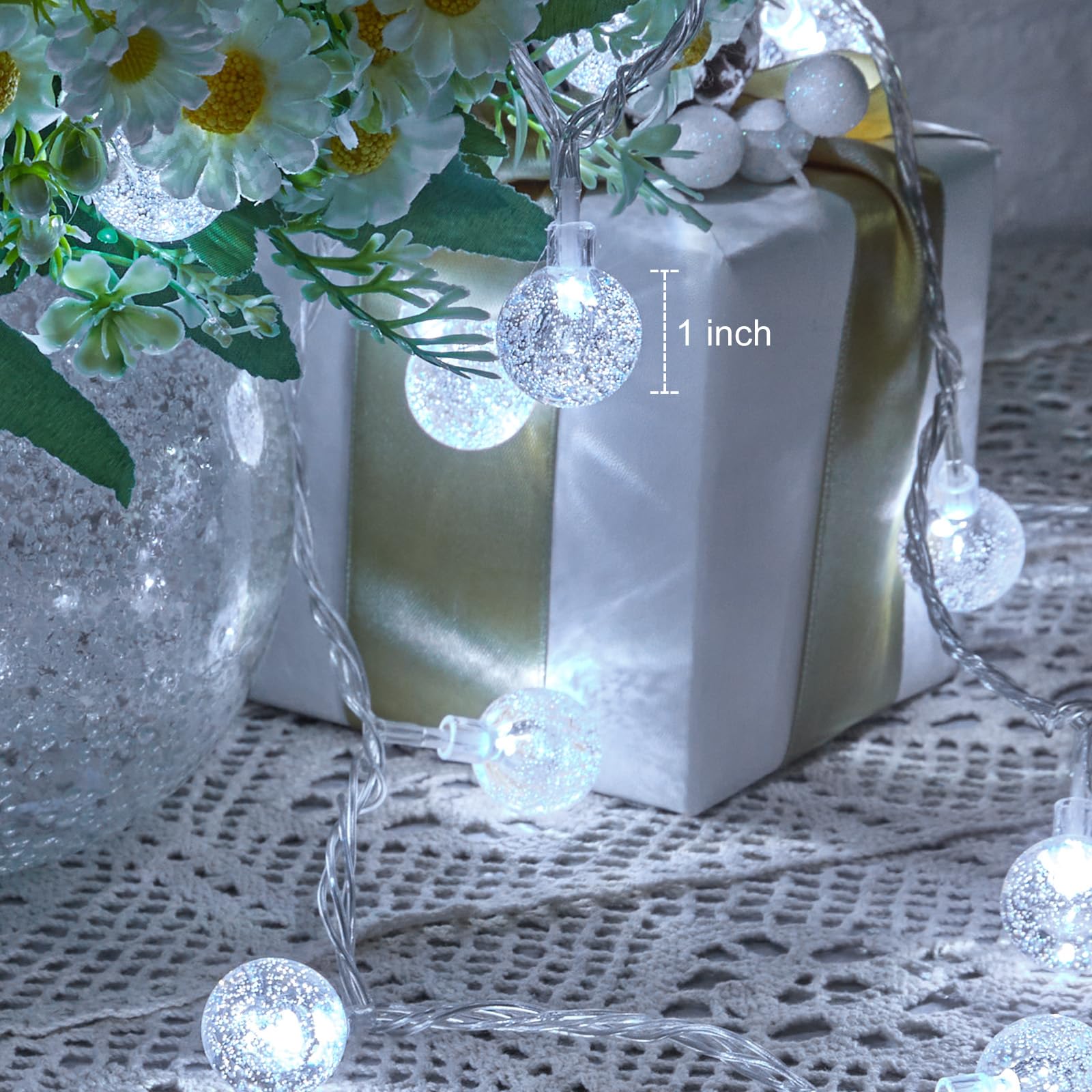 Minetom Crystal Globe String Lights - 33 ft, 100 LED, Waterproof, Remote & Timer - White