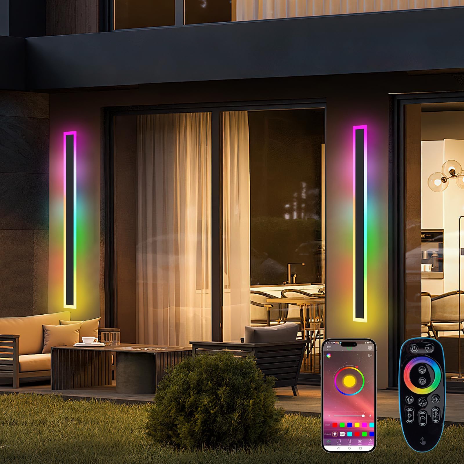 LannlKer Outdoor RGB Long Wall Lights, 47.2inch 2 Pack RGB/Warm/White Dimmable Modern Led Wall Lighting, Ip65 Waterproof Long Wa