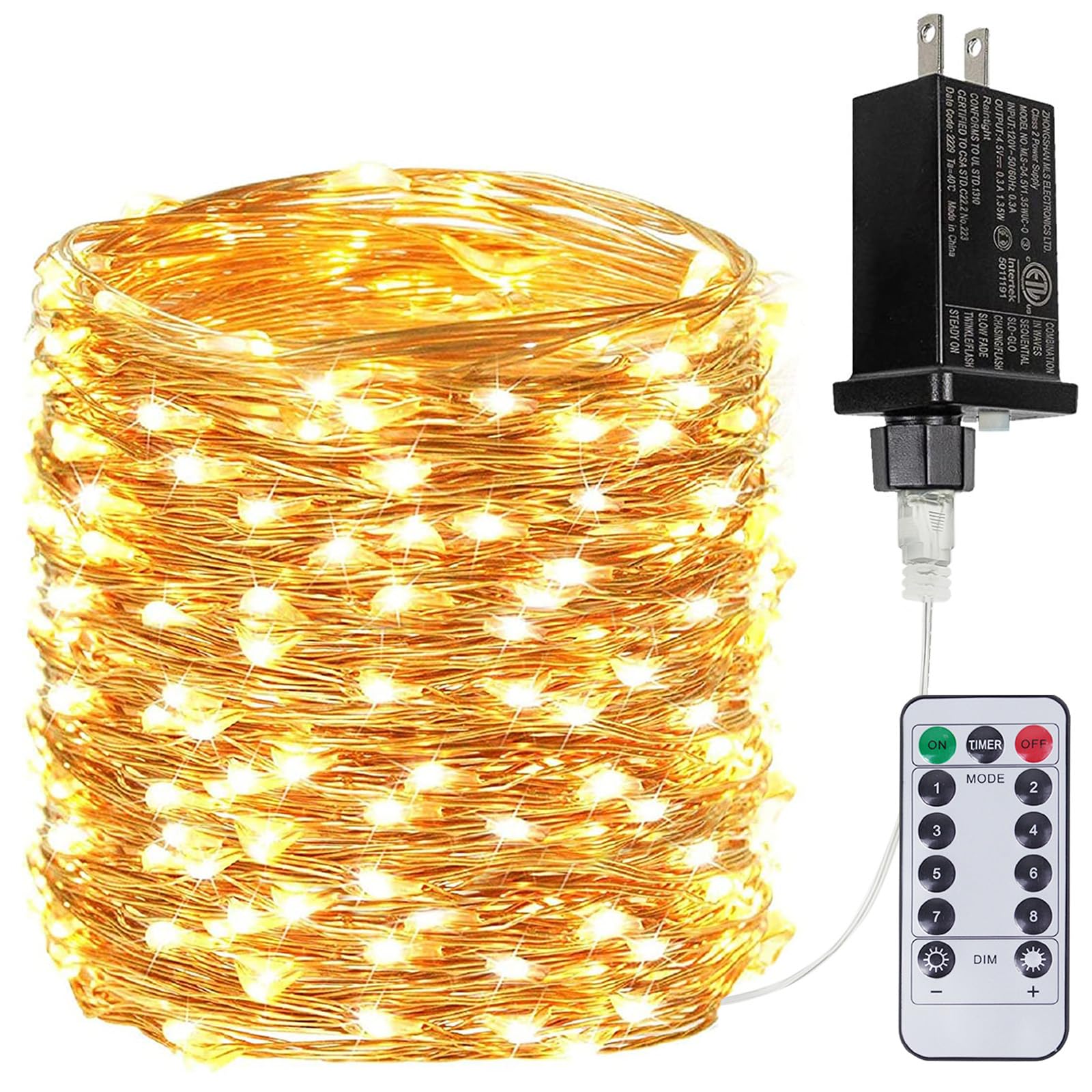 BHCLIGHT 99Ft 300 LED Fairy Lights, Waterproof Copper Wire String Lights with Remote, Warm White, Model MLS-D4.5V1.35WUC-O