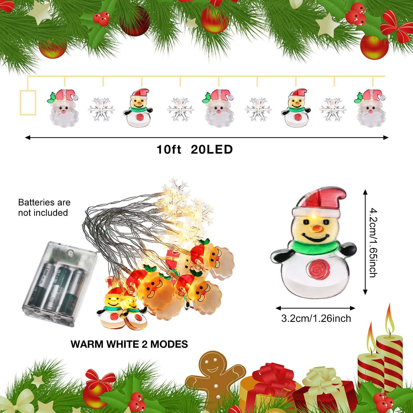 Zhanmai 2 Pcs Christmas Lights Decorations 10Ft 20 Led Battery Operated Christmas Santa Claus Snowflake Snowman String Waterproo