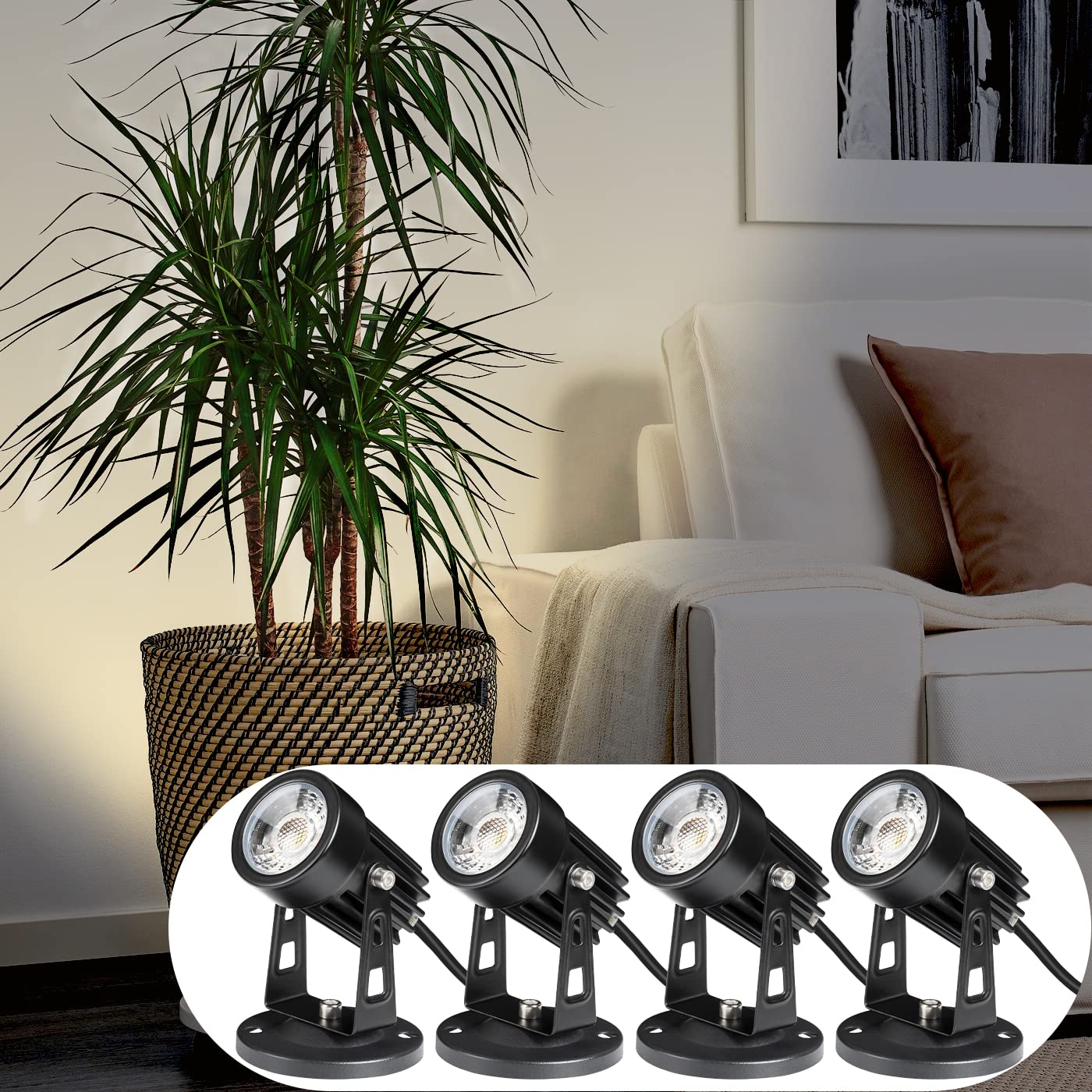 SUNVIE LED Spotlight Indoor Plant Light, 120V, Warm White, 4 Pack, 5.9 FT Cord, Aluminum, Black, with Floor Foot Switch and Base/Stake Included