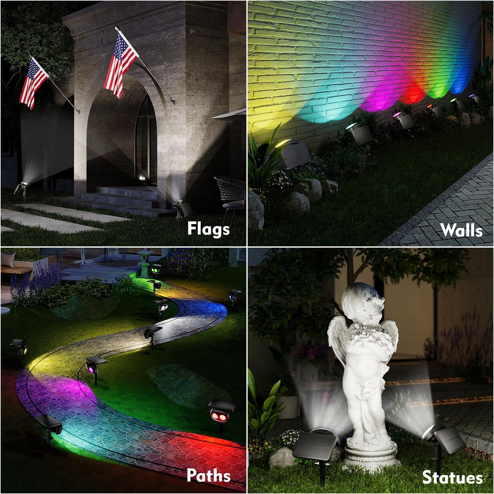 MOFOYEAH Solar Spot Lights 4 Pack, Waterproof IP68, Super Bright 9 Colors, Adjustable Brightness, Black, Model SN-DCD