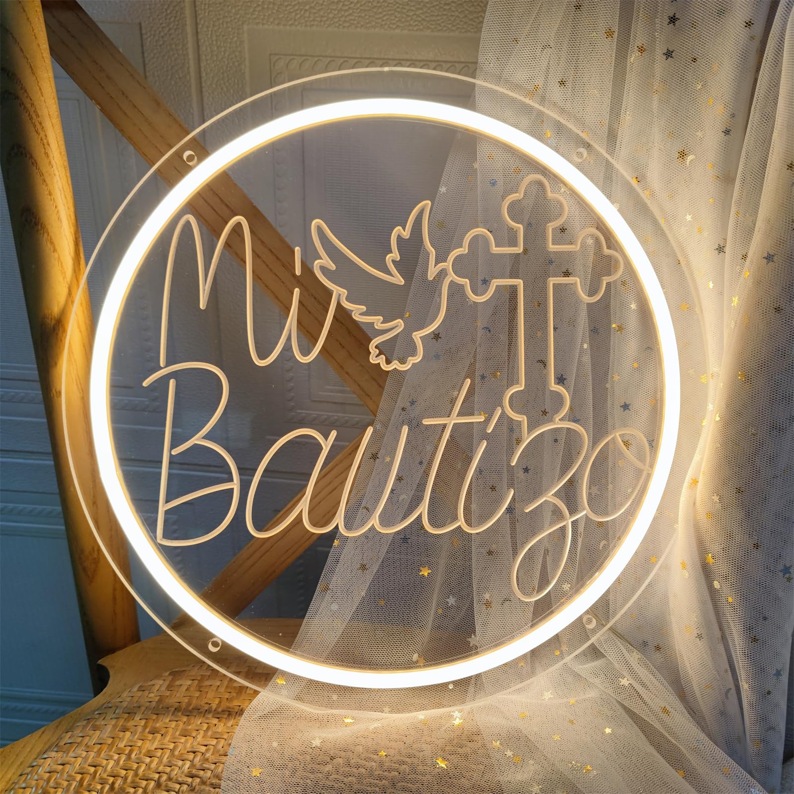INSNEnN Neon Sign for Baptism Decorations, 13.4x13.4 Inches, Acrylic, Mi Bautizo, Suitable for Room, Garden, and Birthday Party Decor
