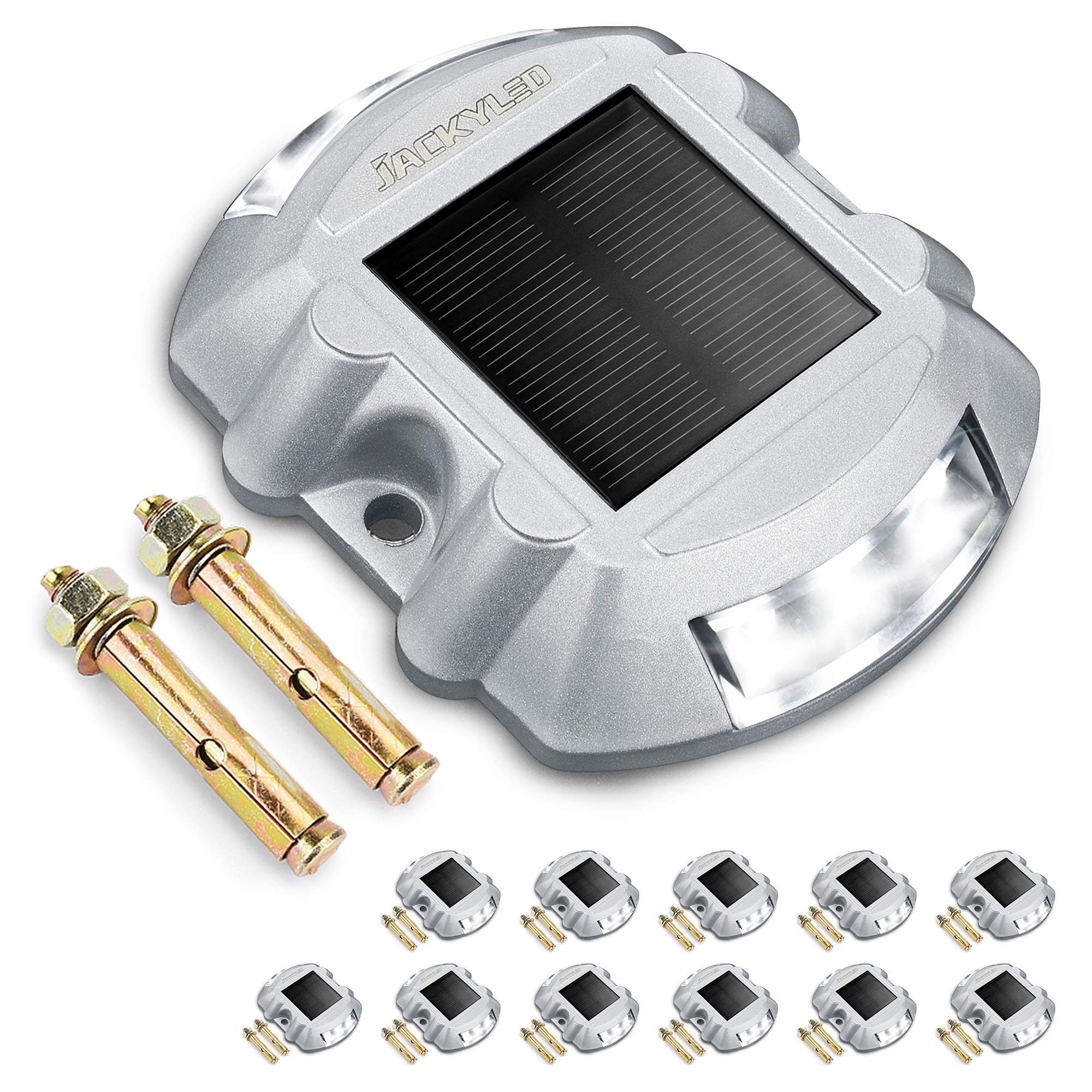 JACKYLED Solar Driveway Marker Lights, 12 Pack, Waterproof LED, Aluminium, Bright White, Model K-SDL