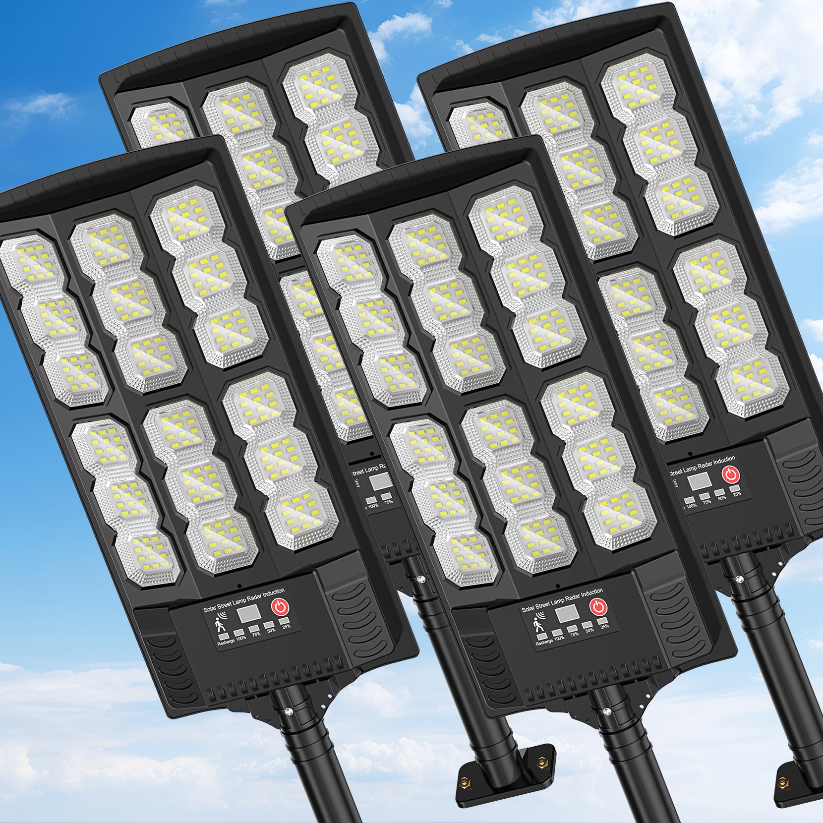 VowelsOne Solar Street Lights, 20000LM, Remote Control, Motion Sensor, T4-4P, Black, 4 Pack