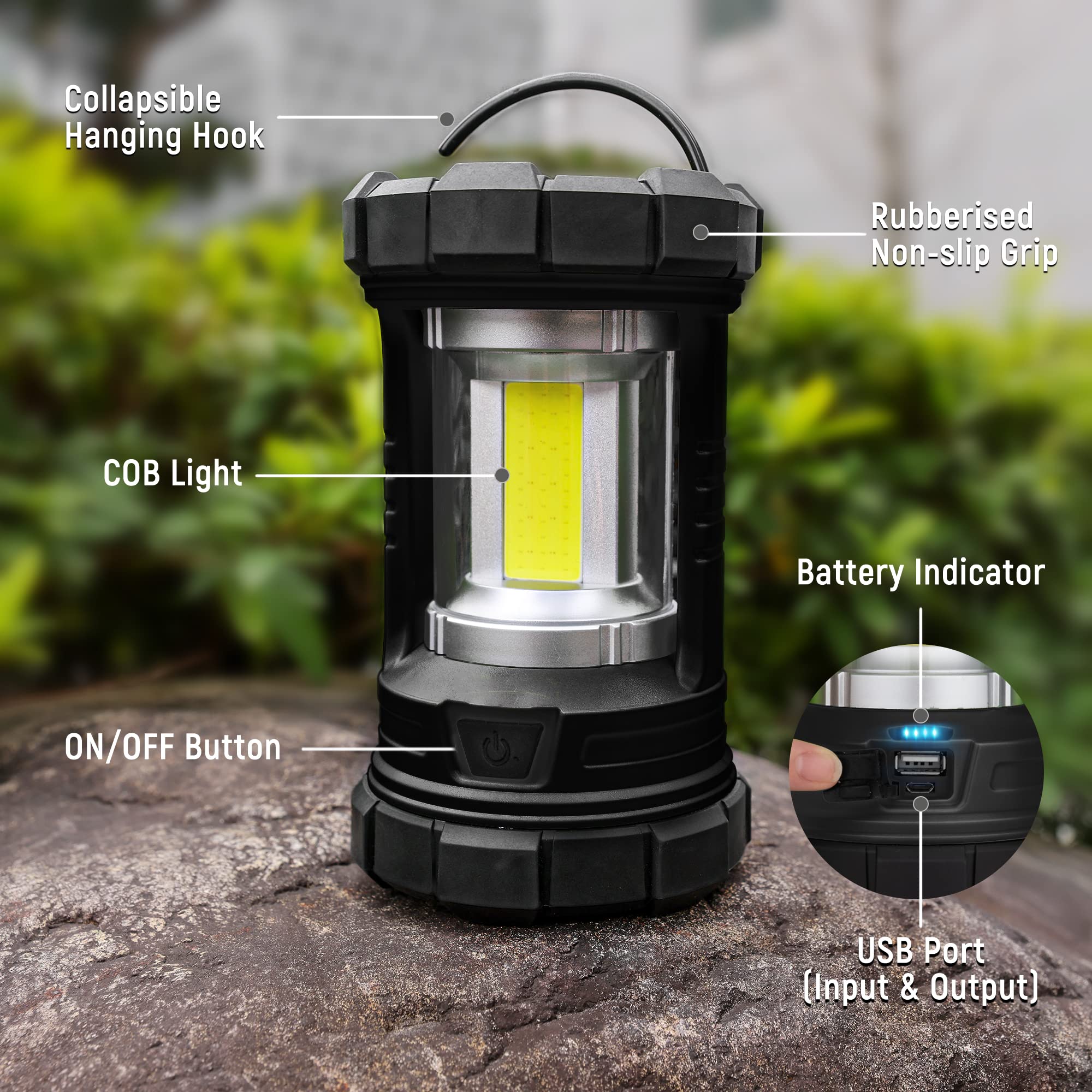 elesall LED Camping Lantern, 3000LM, Waterproof, 5 Light Modes, Rechargeable, ABS, Black, Model DA-Y-5231-6663