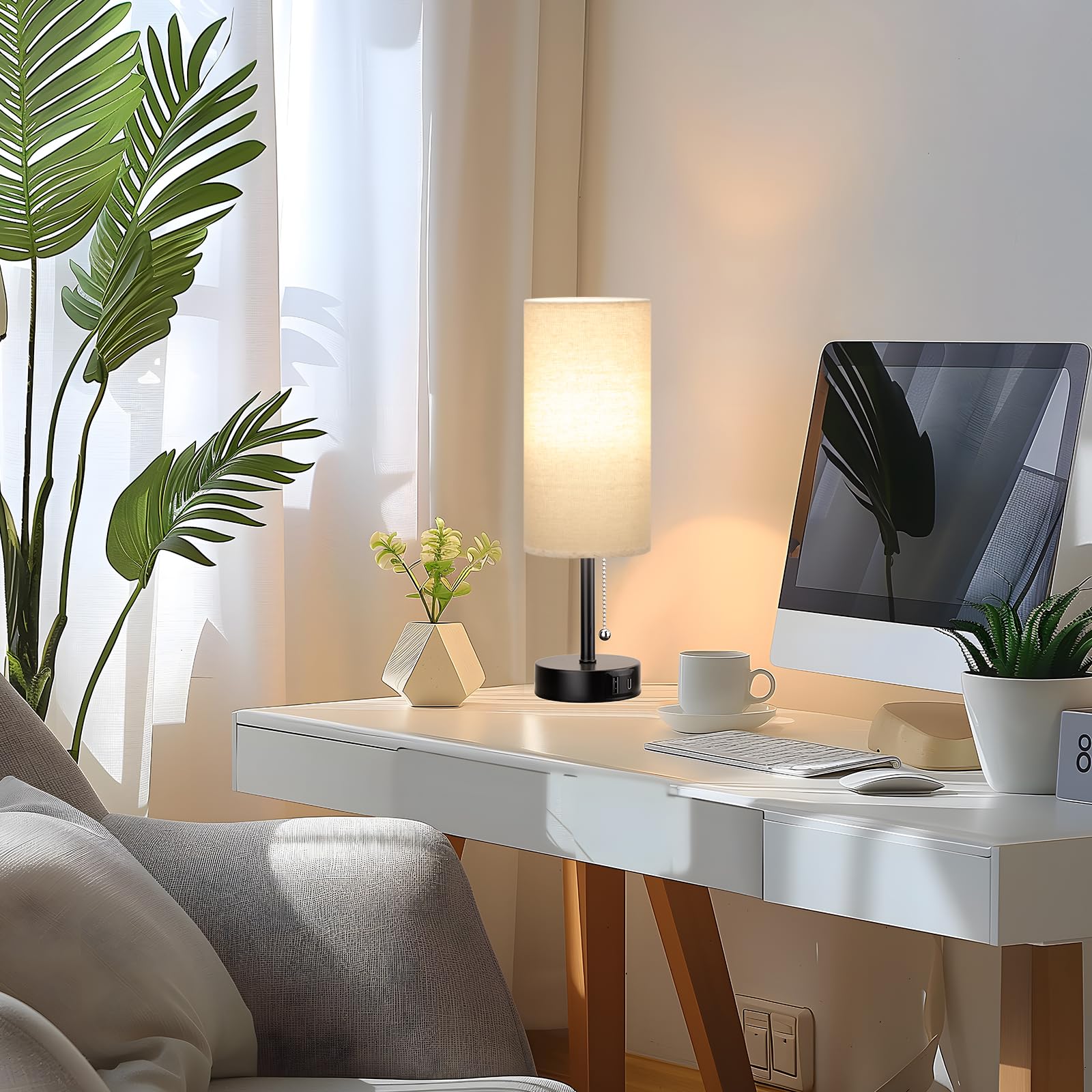 Small Bedside Lamp For Bedroom Nightstand - Table Lamp With Usb A + C Charging Port, 3 Color Temperatures Pull Chain Night Stand