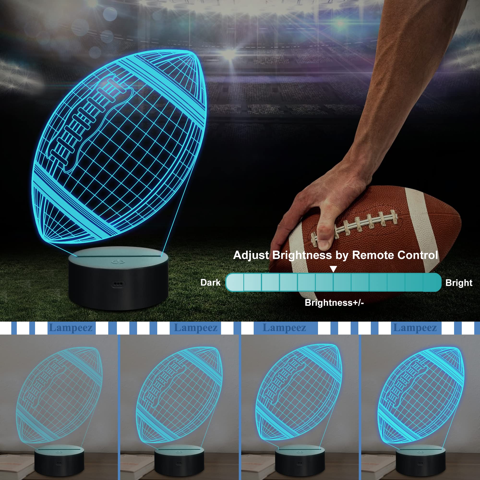 Lampeez 3D Football Night Light - 16 Color Remote Control, Rugby Design, Model FS-2810-9999, Perfect Gift for Sports Fans