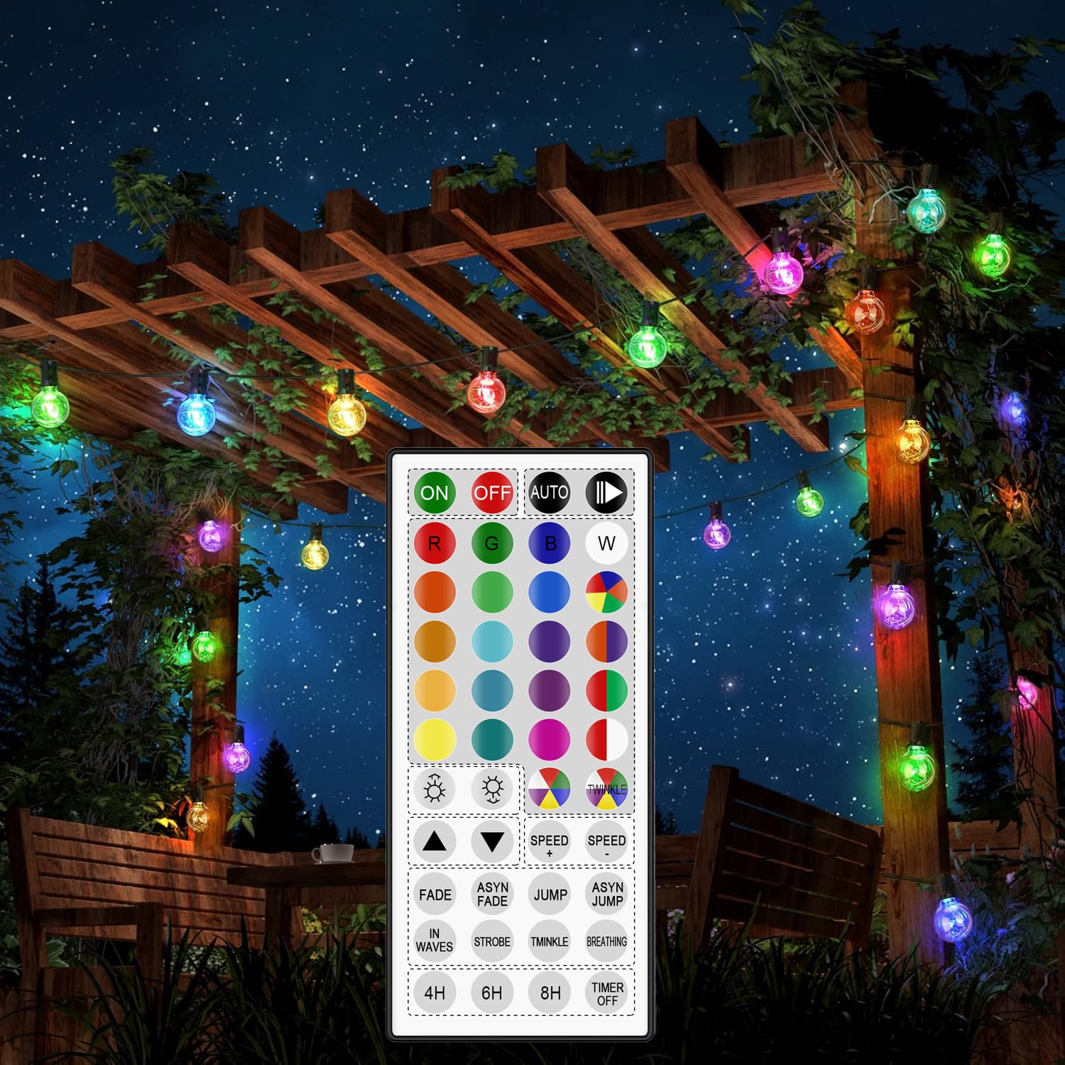 OMIKA LED Outdoor String Lights, 30FT Connectable G40, Waterproof, 30 RGB Color Changing Bulbs, Remote Control for Patio & Party Decor