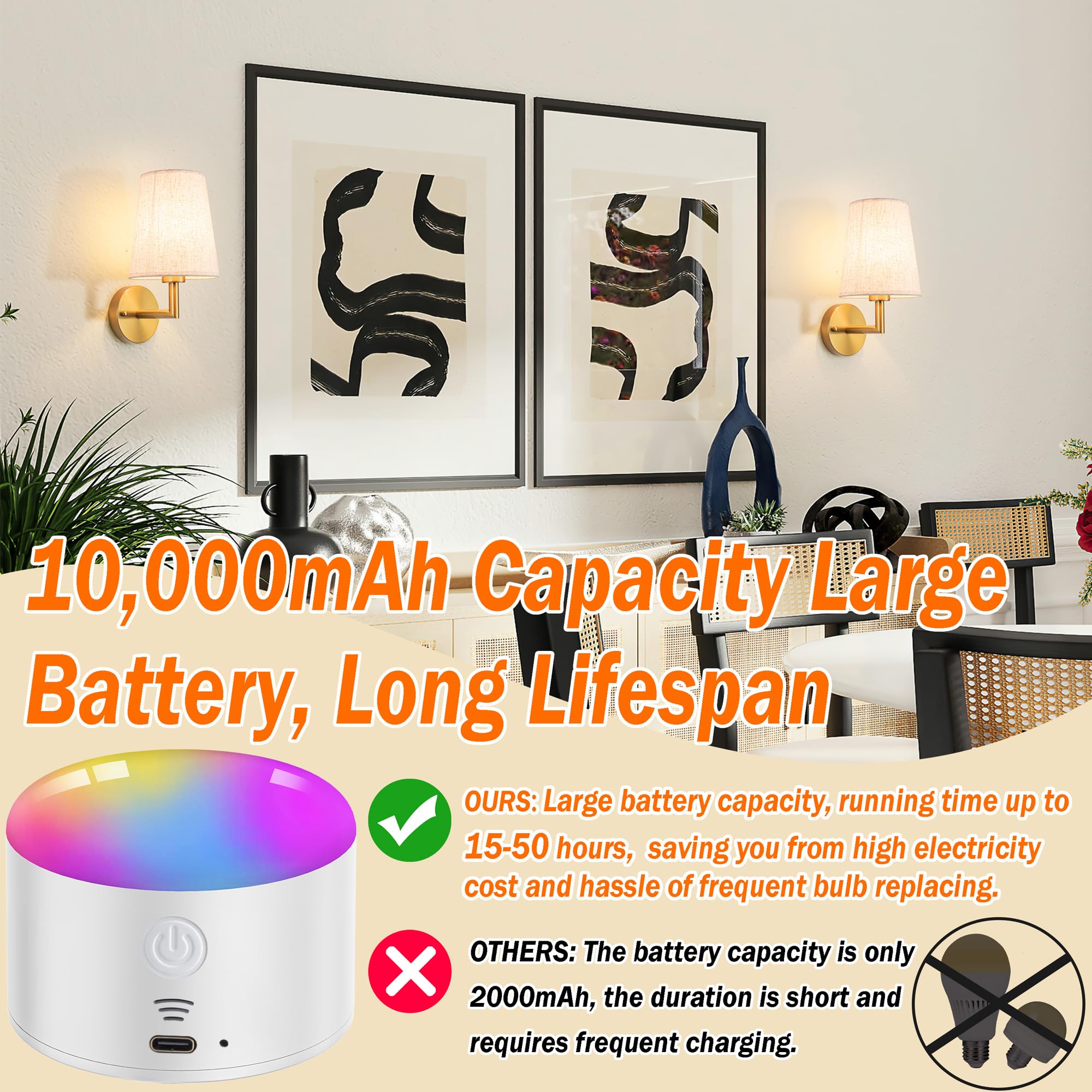 Wall Sconce Battery Operated Wall Light Fixure with Remote Control, Dimmable Battery Operated Wall Sconces Set Of Two, Indoor Wi