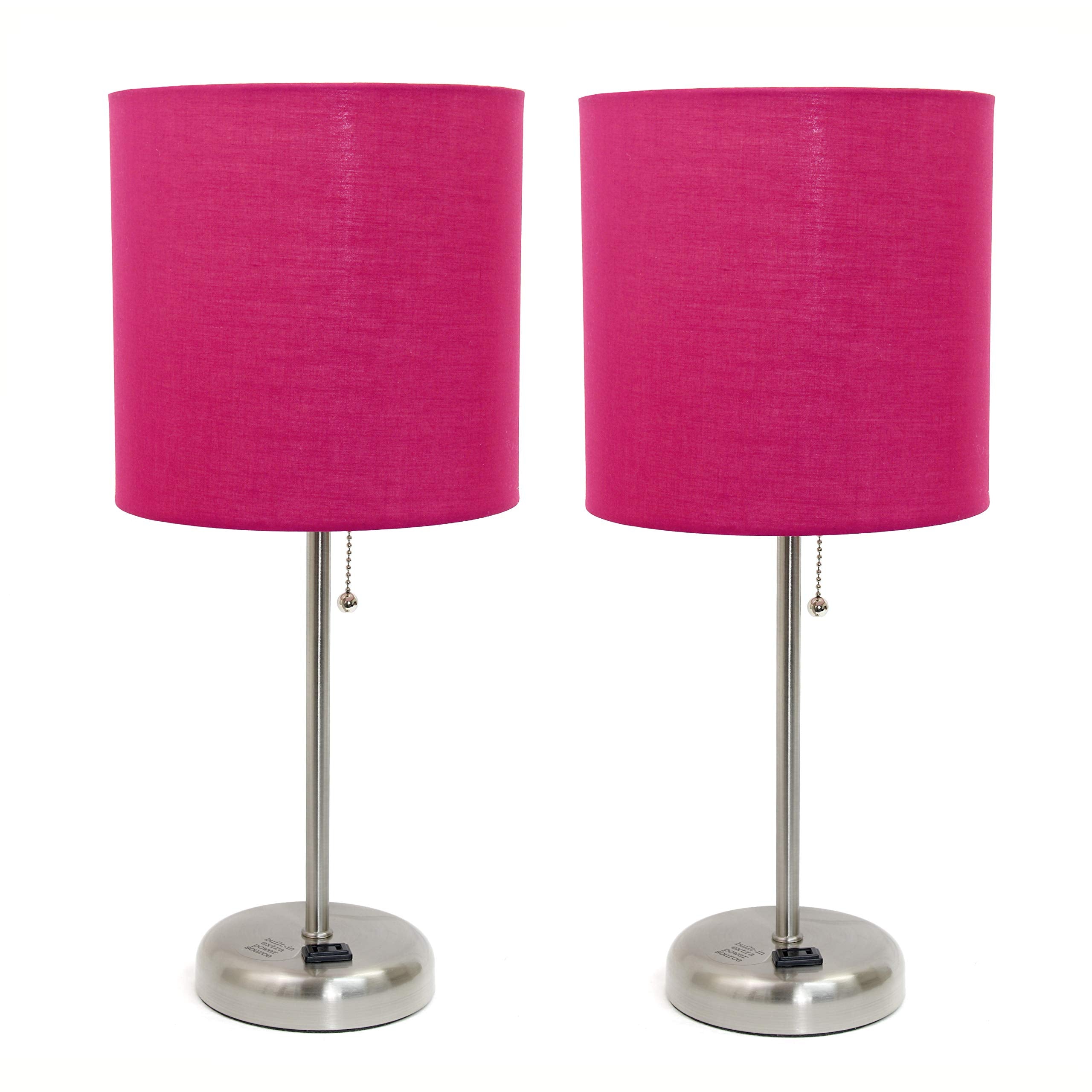 Simple Designs Lc2001-Pnk-2Pk Brushed Steel Stick Table Lamp Set With Charging Outlet And Pink Fabric Shades, 2 Pack Set
