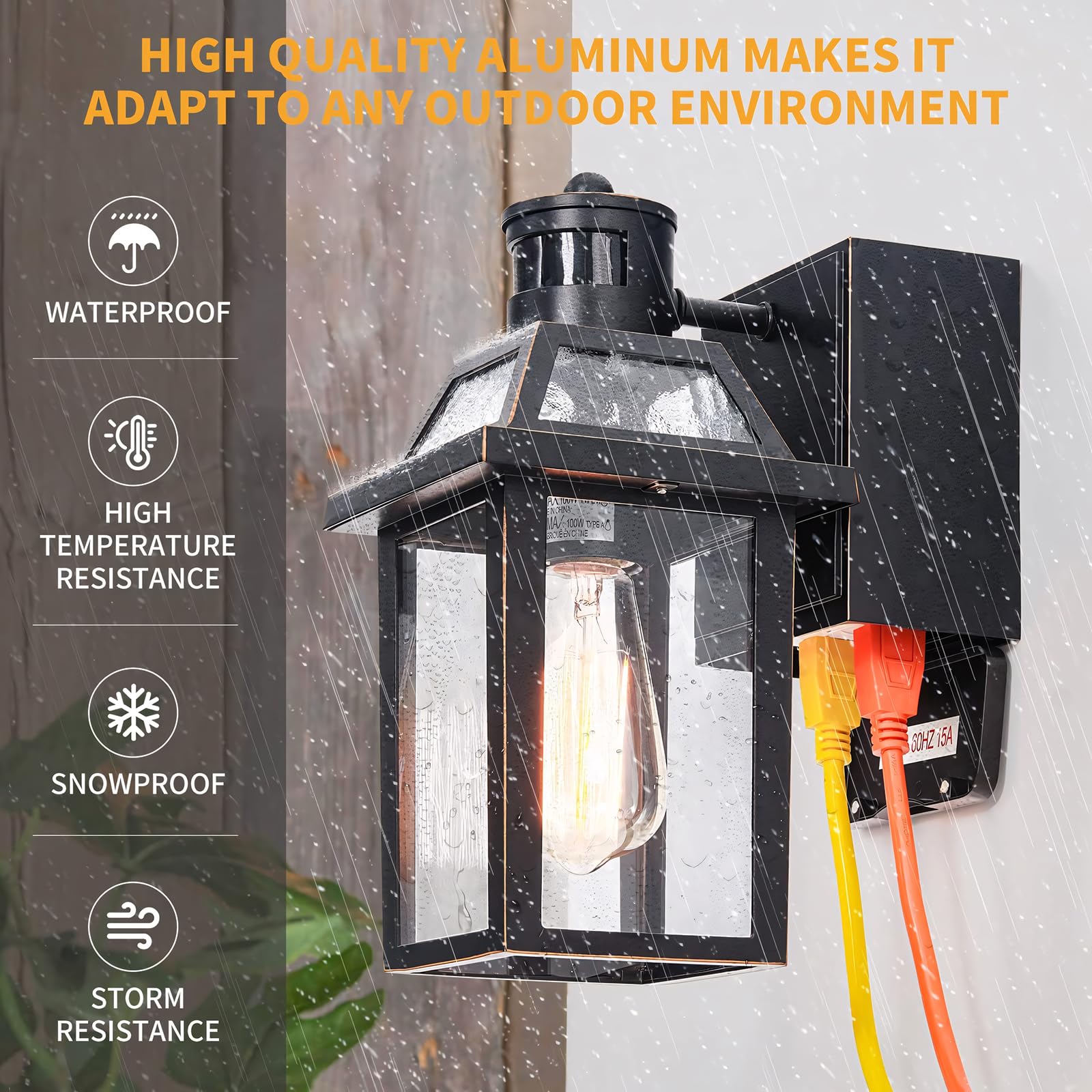 Yisuro Porch Lights with GFCI Outlet, Dusk to Dawn Motion Sensor, 2 Pcs Black