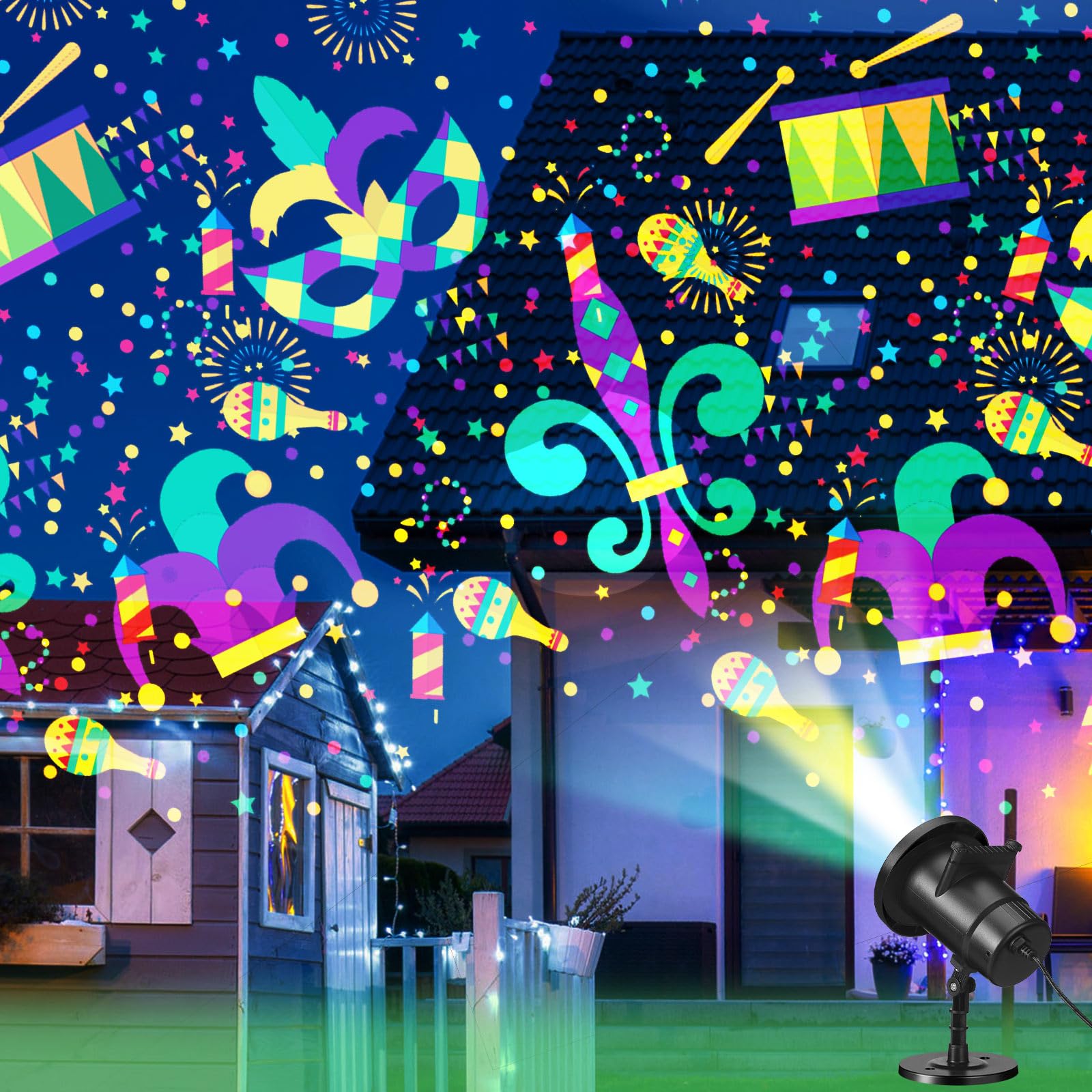 Lingvee Holiday Projector Light - Waterproof LED Outdoor Lamp with 1 Film, Black Body, 4 Style Slides for Parties (Mardi Gras)