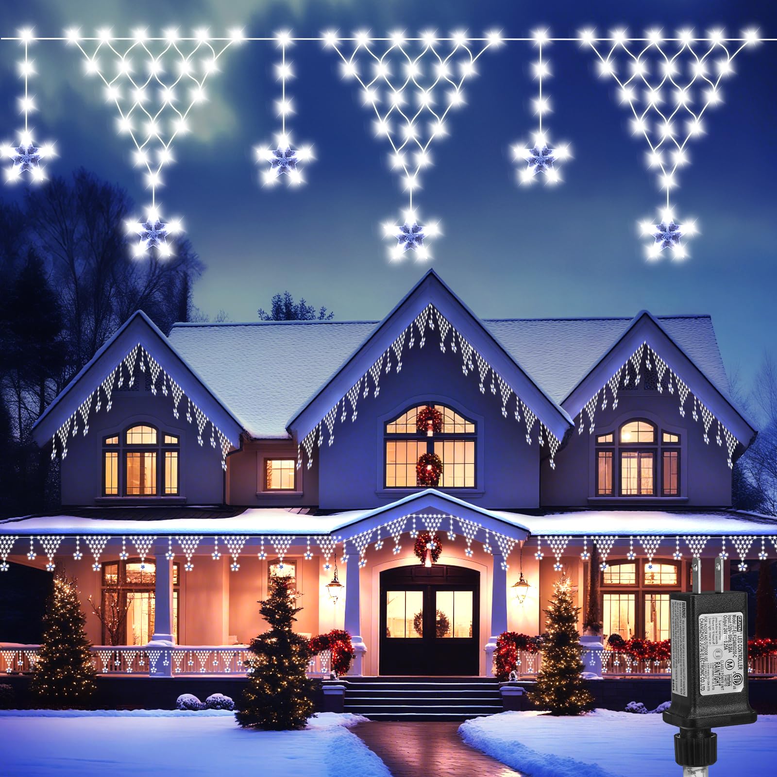 Funiao Christmas Lights Outdoor, 218 Leds Icicle Lights, 13.8Ft, Remote Controlled, White, Model Yls1000Wd01, 8 Modes For Eaves, Garden