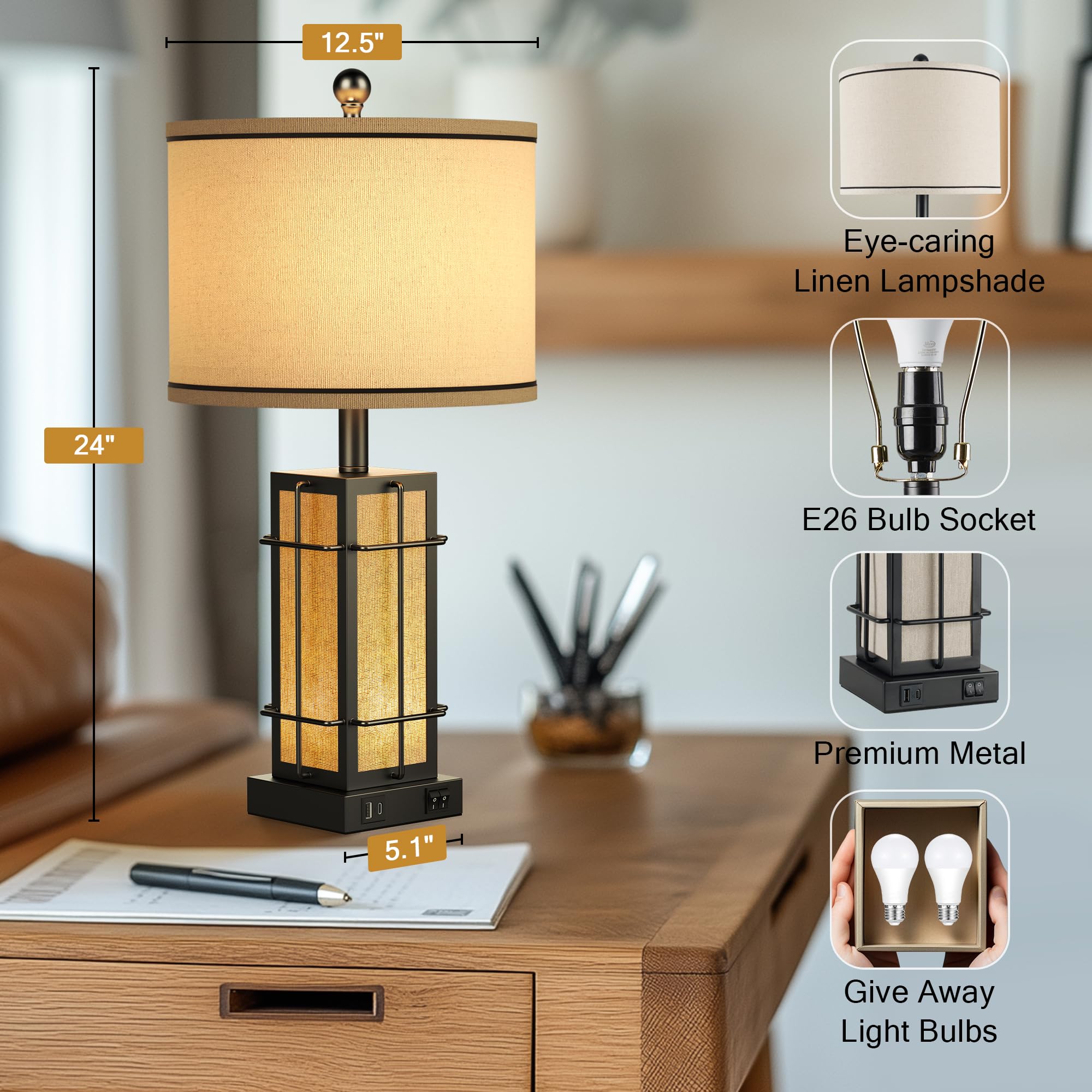 Bzzmmb Black Table Lamps Set Of 2, 24'' Farmhouse Lamps For Living Room With Usb C+A Ports, Industrial Retro Lamps For Bedroom,