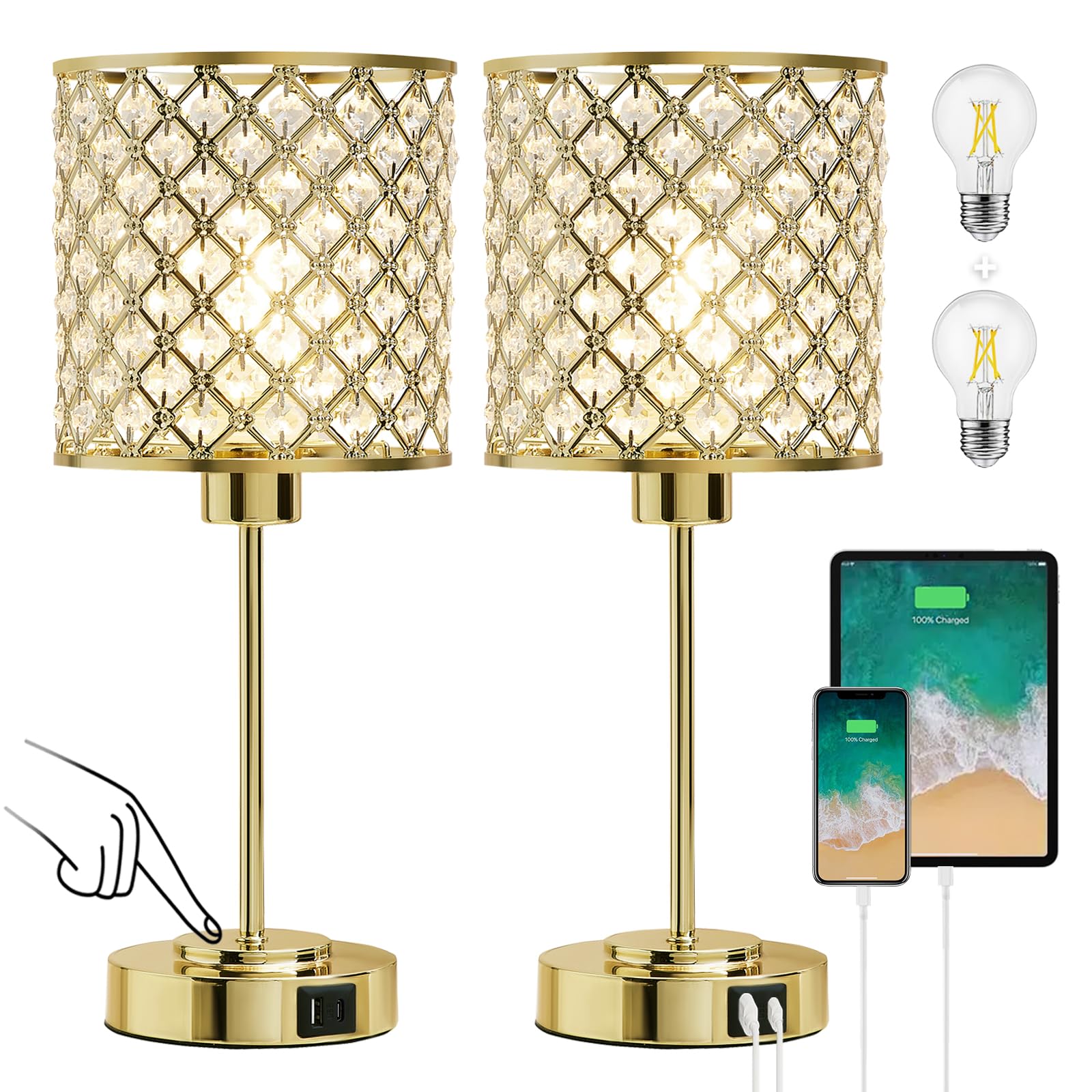 Crystal Touch Control Table Lamp with USB-C+A Charging Ports 3-Way Dimmable Nightstand Lamp Set of 2 Crystal Decorative Bedside 