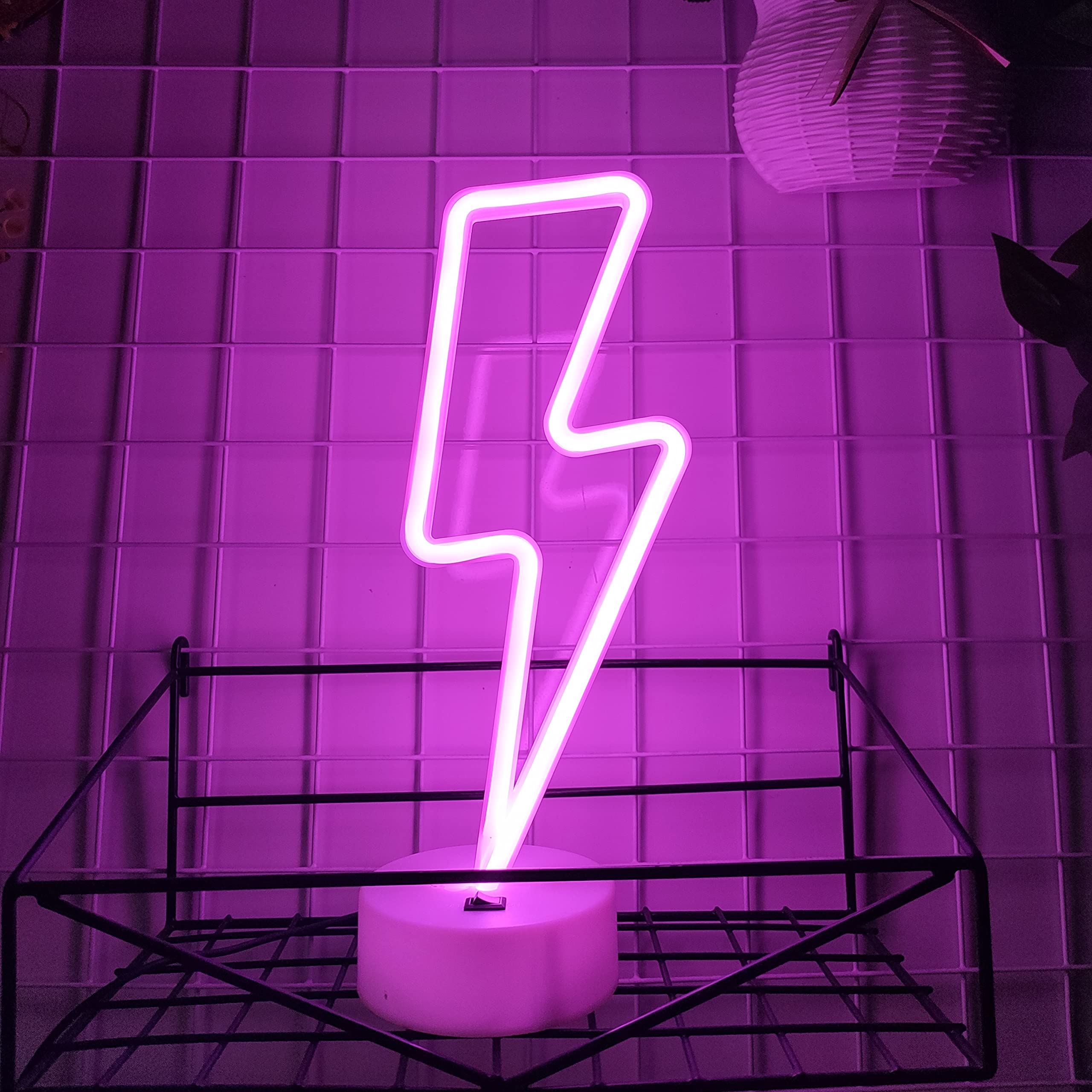 JYWJ Lightning Neon Sign, USB or Battery Powered, Pink LED Desktop Wall Decoration for Parties and Business Premises