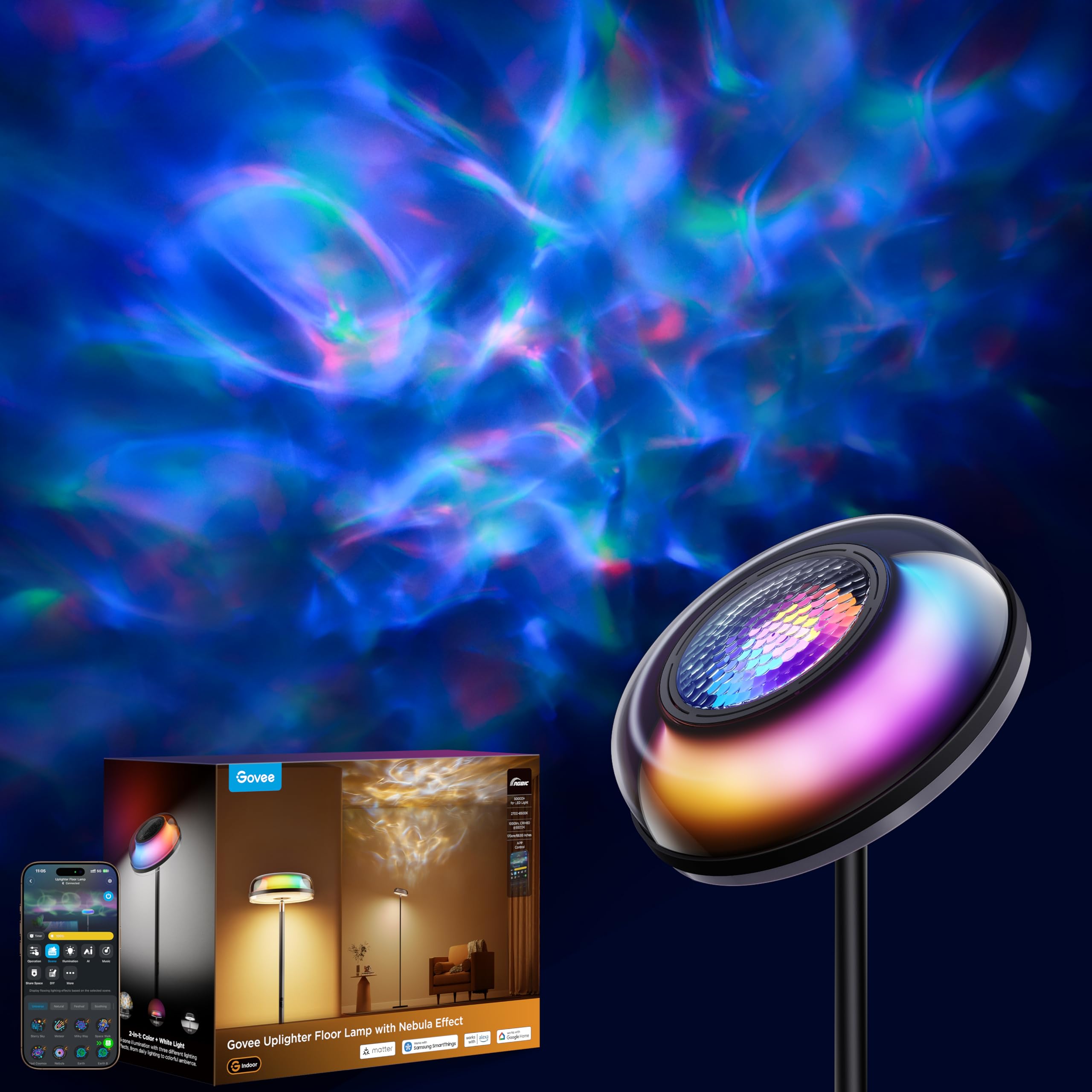 Govee Uplighter Floor Lamp with Nebula Effect, RGBIC Ripple Projector, Floor Lamp for Living Room, Compatible with SmartThings, 