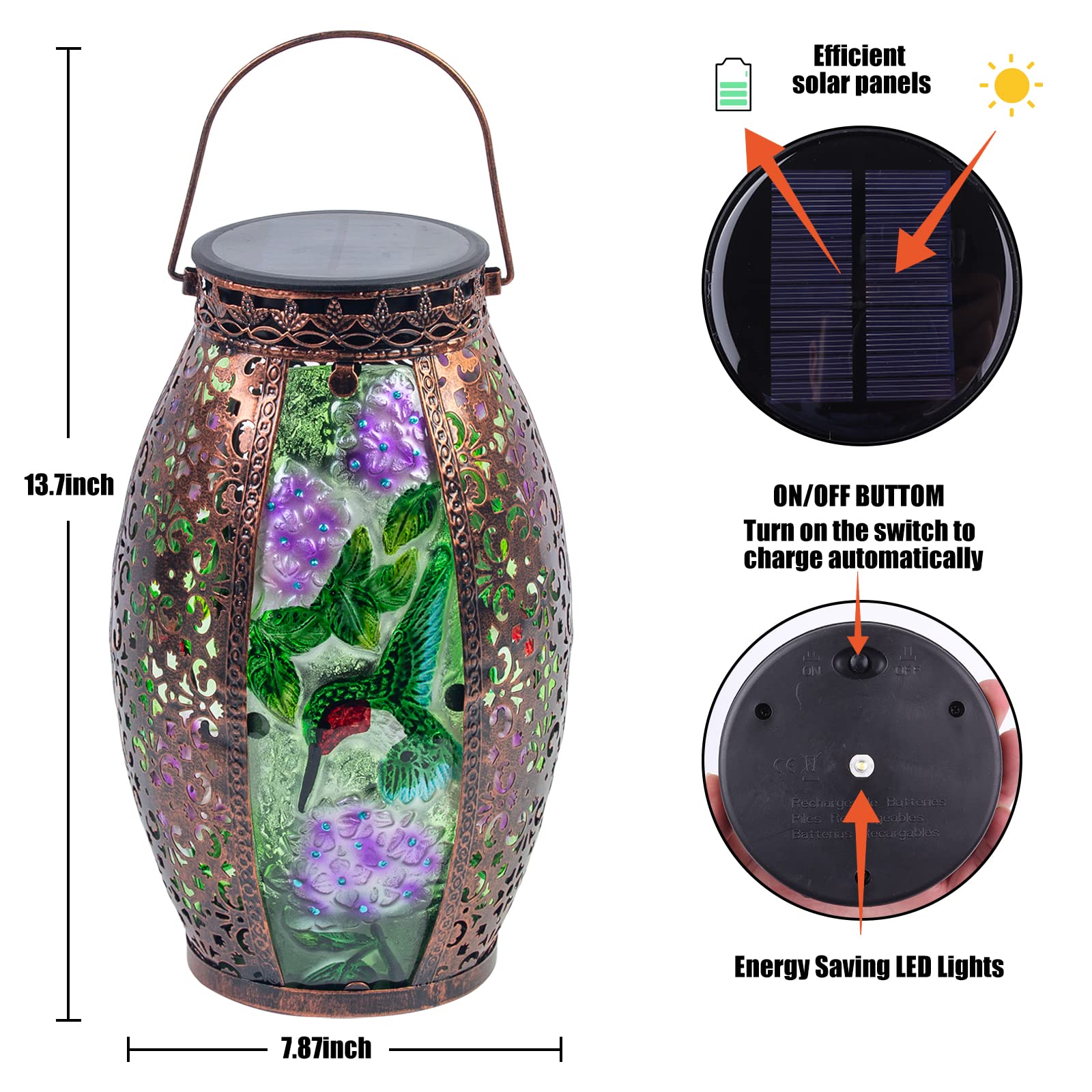 Larekook Copper Outdoor Solar Lantern - Waterproof Hummingbird Decorative Lights With Led