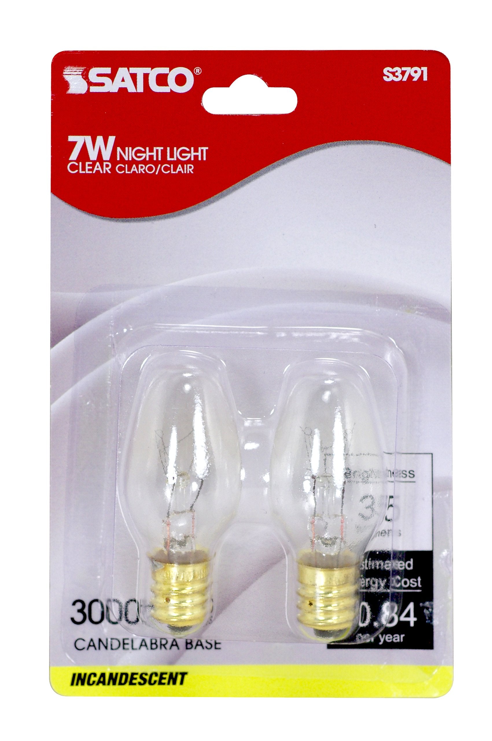 Satco S3791 7-Watt Clear Candelabra Base Night Light Bulb, 120V, 1 Count