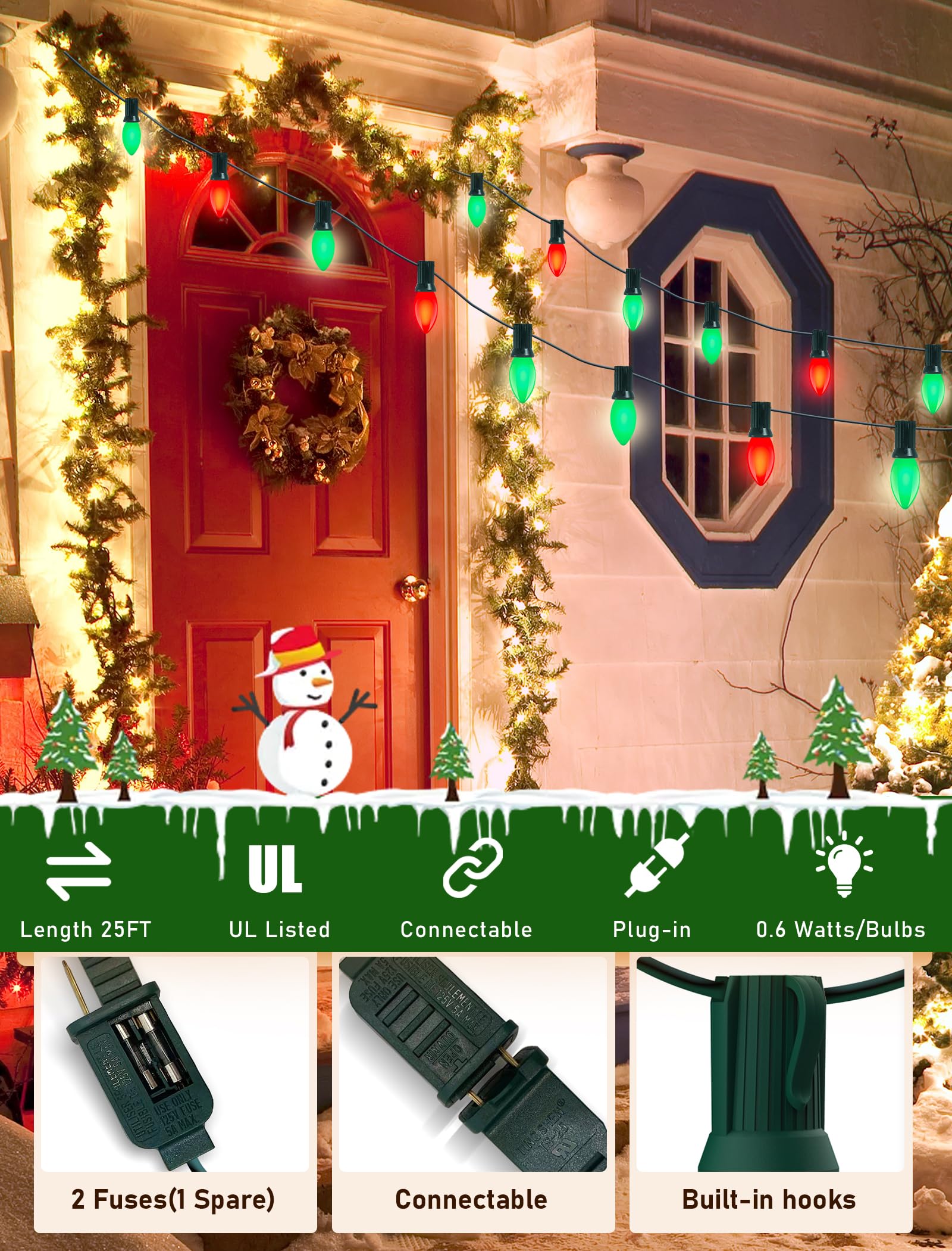 25Ft C9 Led Christmas Lights Outdoor, C9 Red And Green Christmas String Lights With 26 Led Shatterproof Bulb, Hanging Vintage Ch