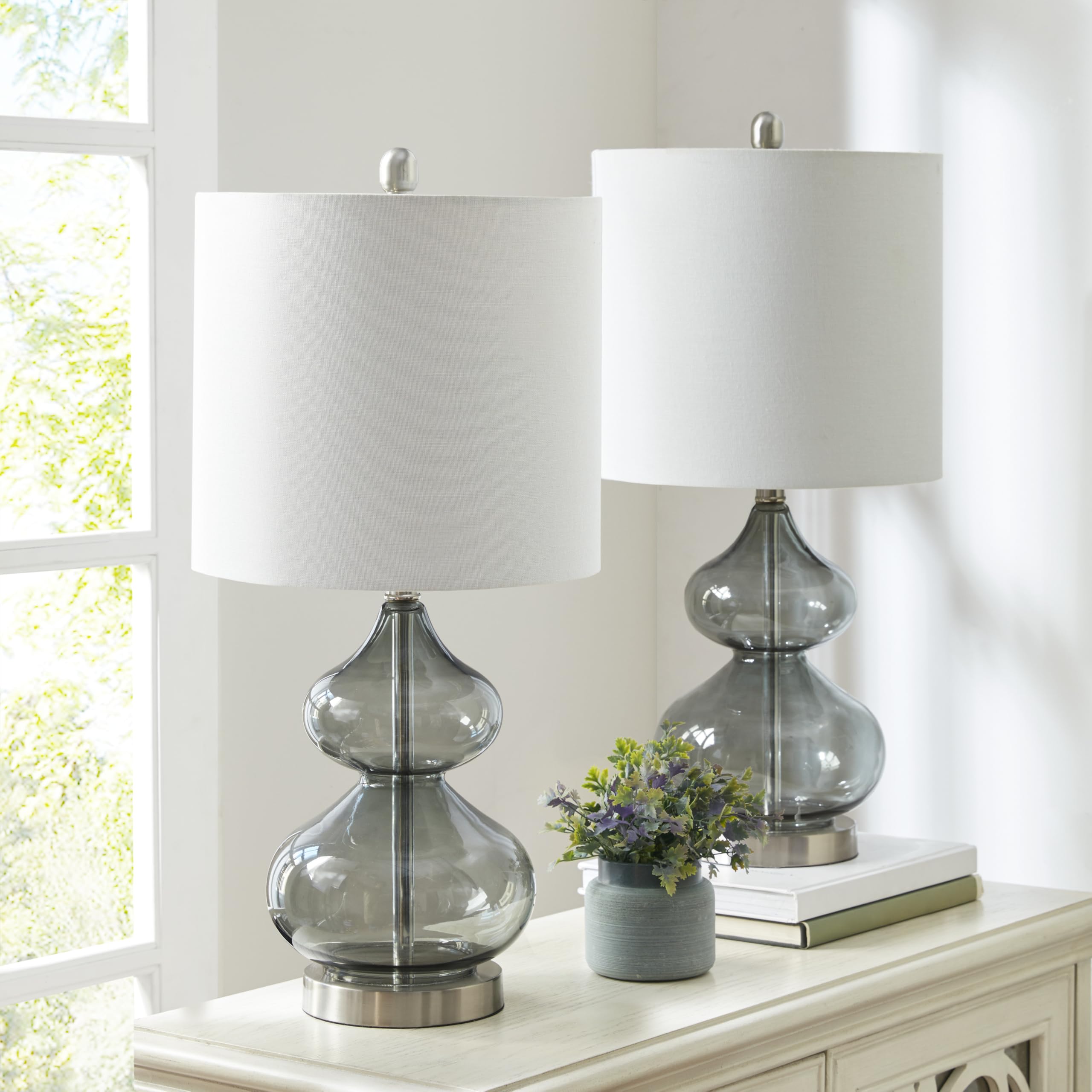 510 DESIGN Table Lamp Set of 2 - Curved Tinted Glass, Gold Base, 25.25inH, Modern Nightstand Lamp, Model 5DS153-0014