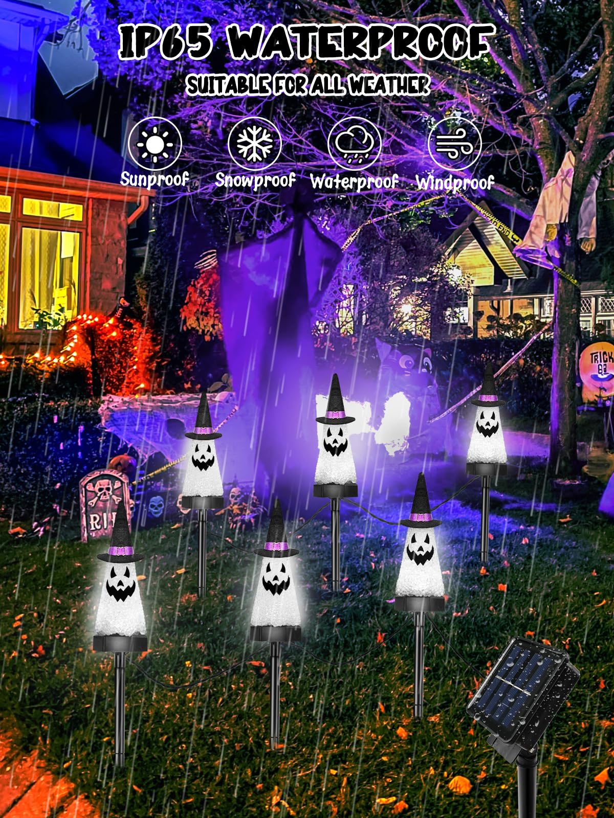 BHCLIGHT Solar Halloween Ghost Lights, 6 Pack, Waterproof, Cool White, Garden Stake for Pathway Decor, Model YY-Solar-Ghost-2PK6L-CW
