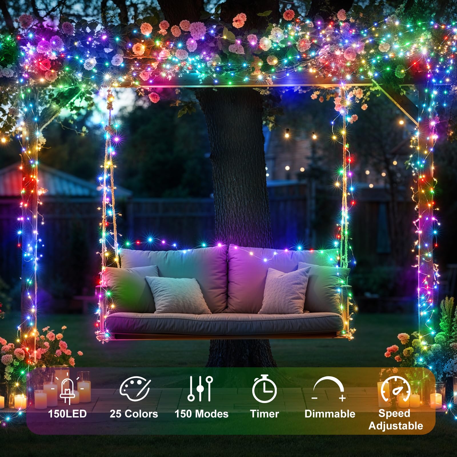 OMIKA 50FT Fairy Lights, 150 LED Color Changing Twinkle Lights, IP44 Waterproof, Remote Control, 24 RGB + Warm White, Model DY-OA08-1