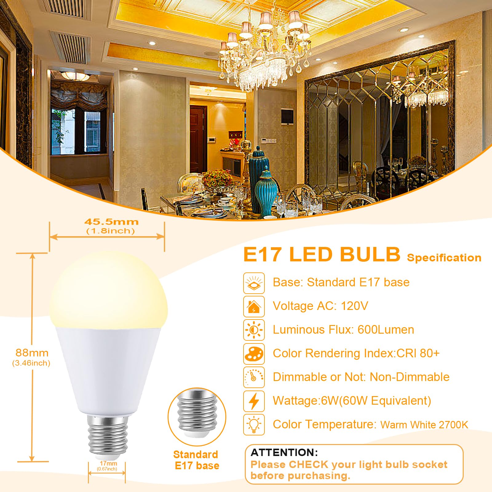 VYAOMLI E17 LED Light Bulbs 6W Non-Dimmable 600LM 120V Warm White 5 Pack