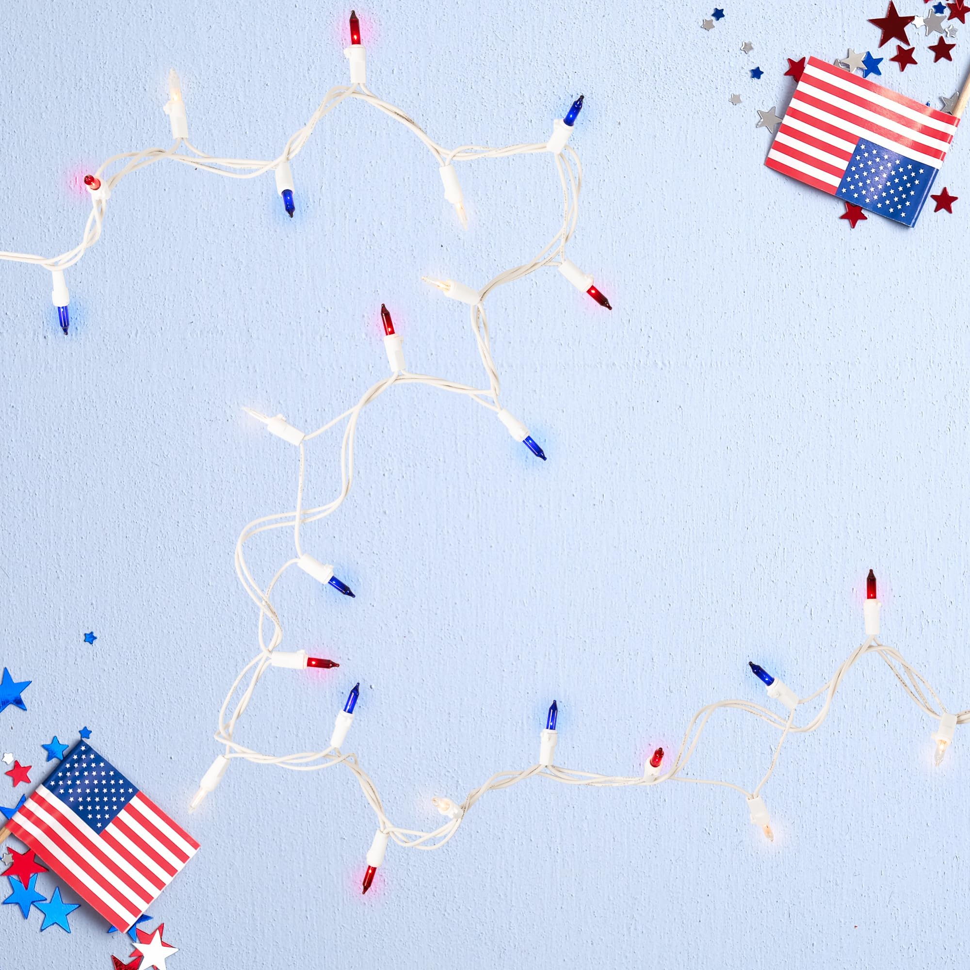 Northlight Mini Christmas Light Set - 50ct - 10 White Wire - Red, White, Blue - Glass