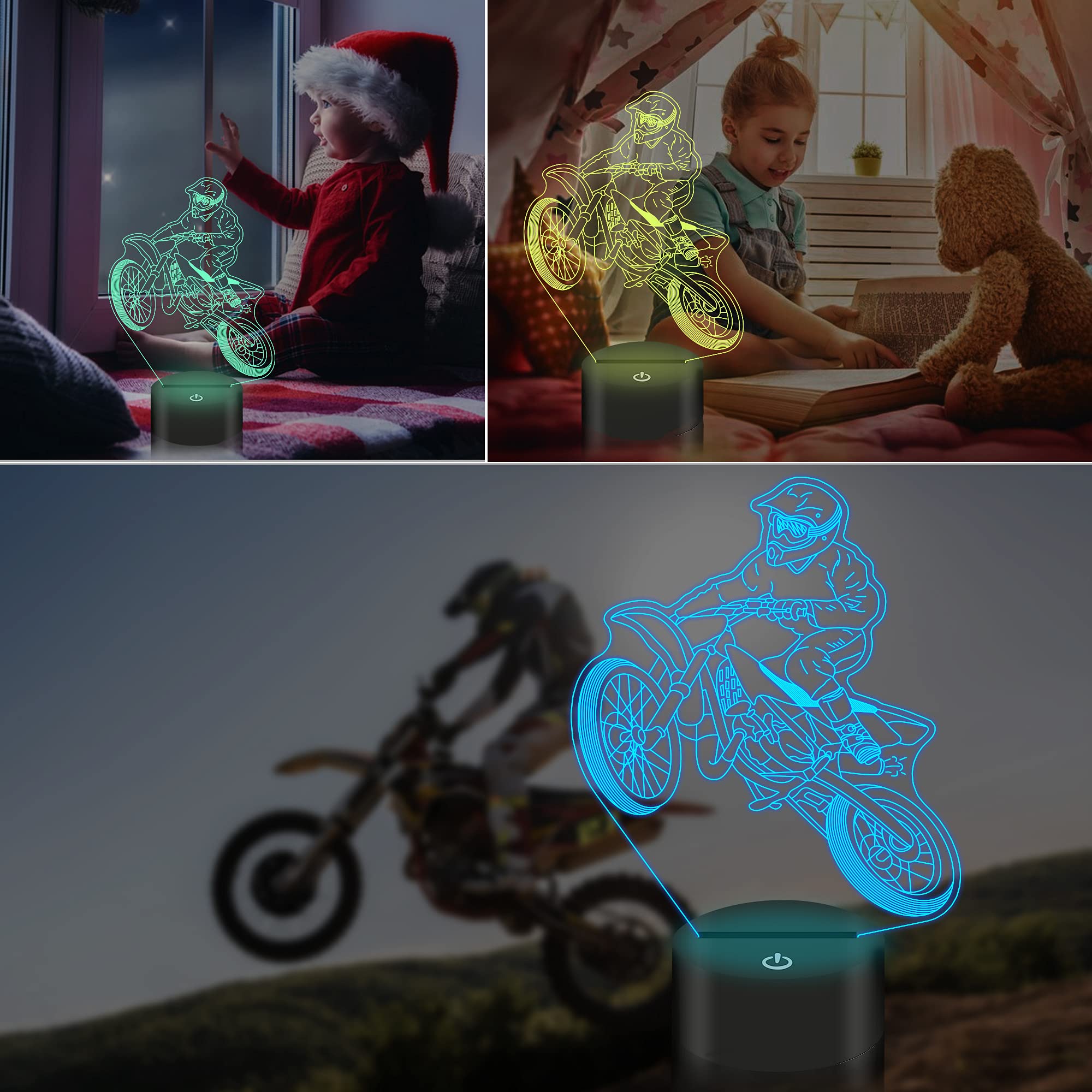 Lightzz Dirt Bike Gifts For Boys, Motocross 3D Night Light Illusion Lamp For Teen Boys Motorcycle Fans Bedroom Decor With Remote