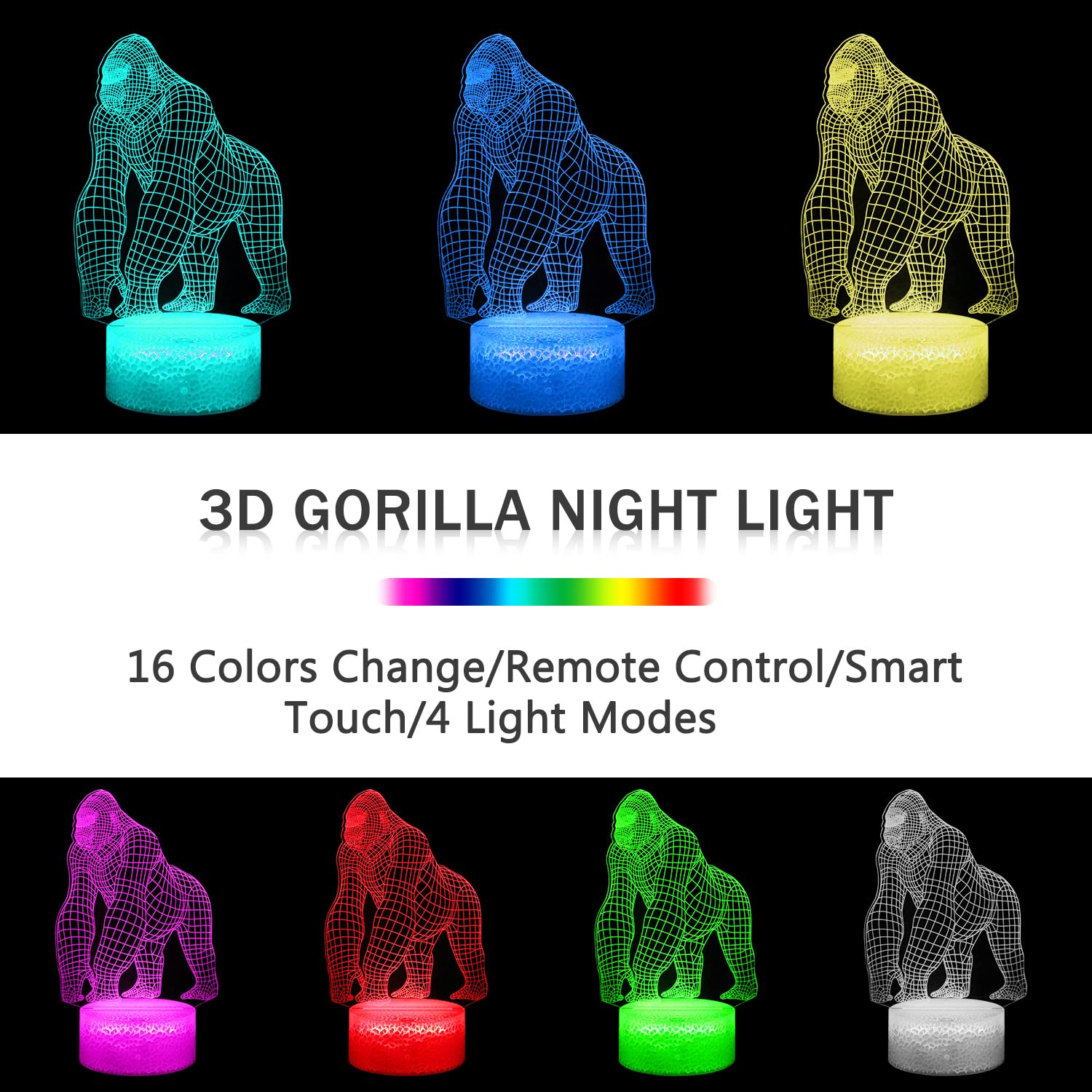 Bassi 3D Gorilla Lamp For Kids, 16 Colors Changing Remote Control 3D Night Light Gorilla Toy - Birthday Christmas Gifts For Boys